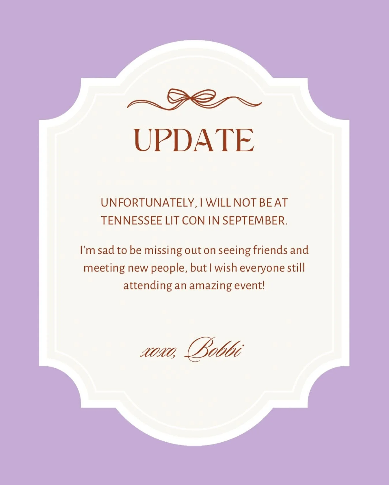 Unfortunately, I will not be at Tennessee Lit Con in September.
I'm sad to be missing out on seeing friends and meeting new people, but I wish everyone still attending an amazing event. π«Άπ»