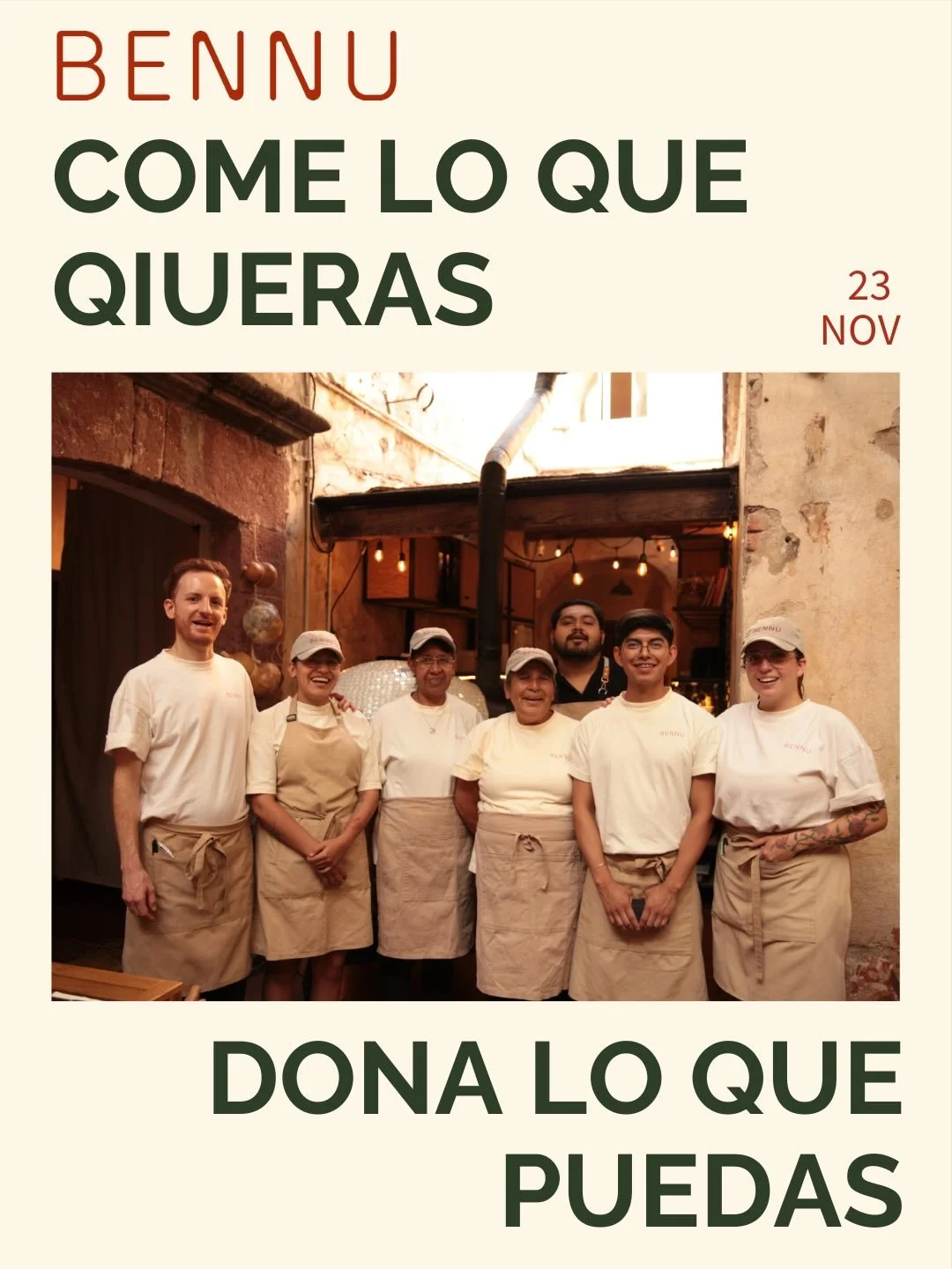🎉 Este domingo celebramos 4 a&ntilde;os de Bennu 🎉
Y queremos hacerlo como m&aacute;s nos gusta: con nuestra comunidad y d&aacute;ndole de vuelta.

Este 23 de noviembre llega nuestro evento: ✨ COME LO QUE QUIERAS, DONA LO QUE PUEDAS ✨
Un d&iacute;a
