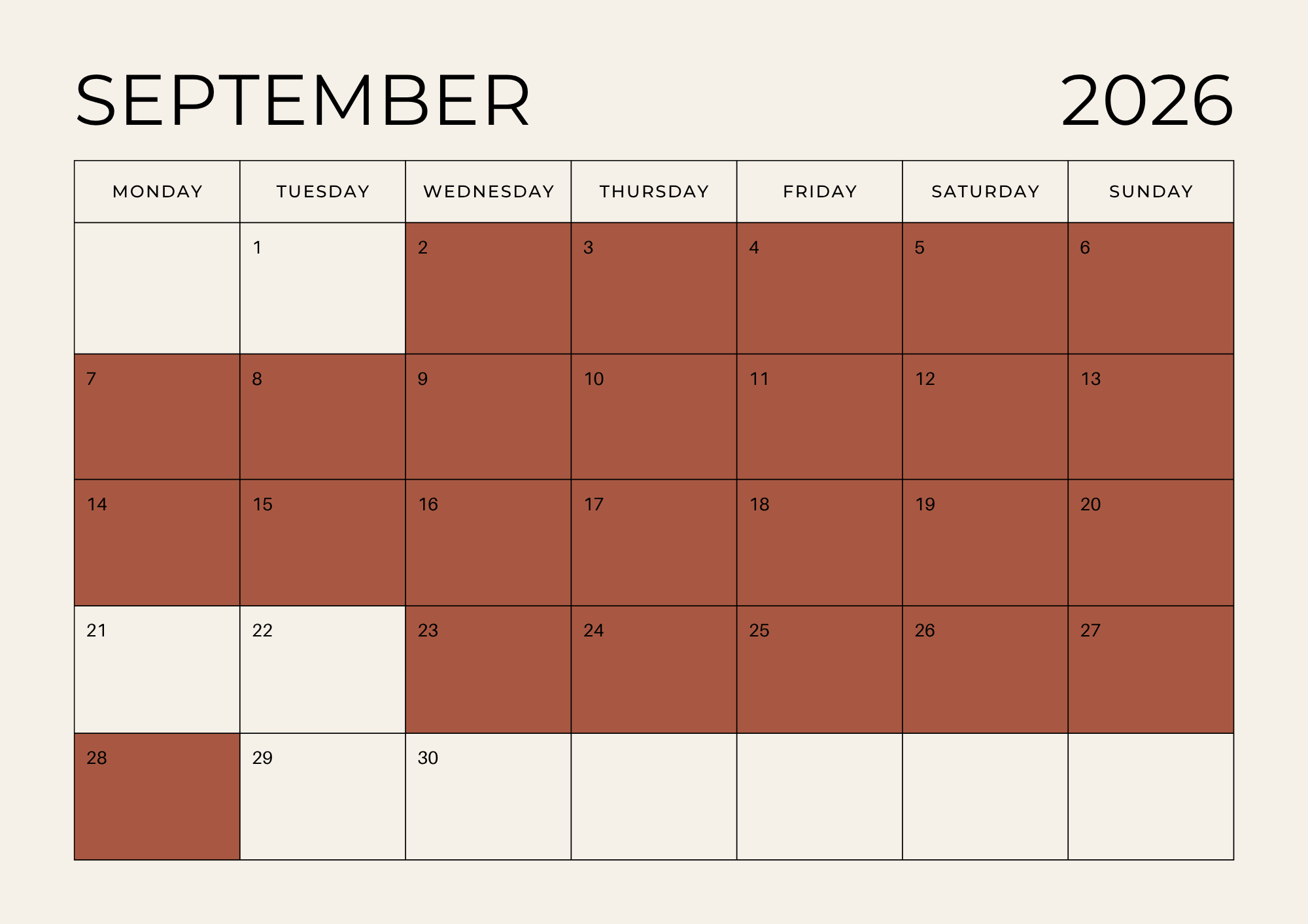 All coloured boxes indicate: BOOKED