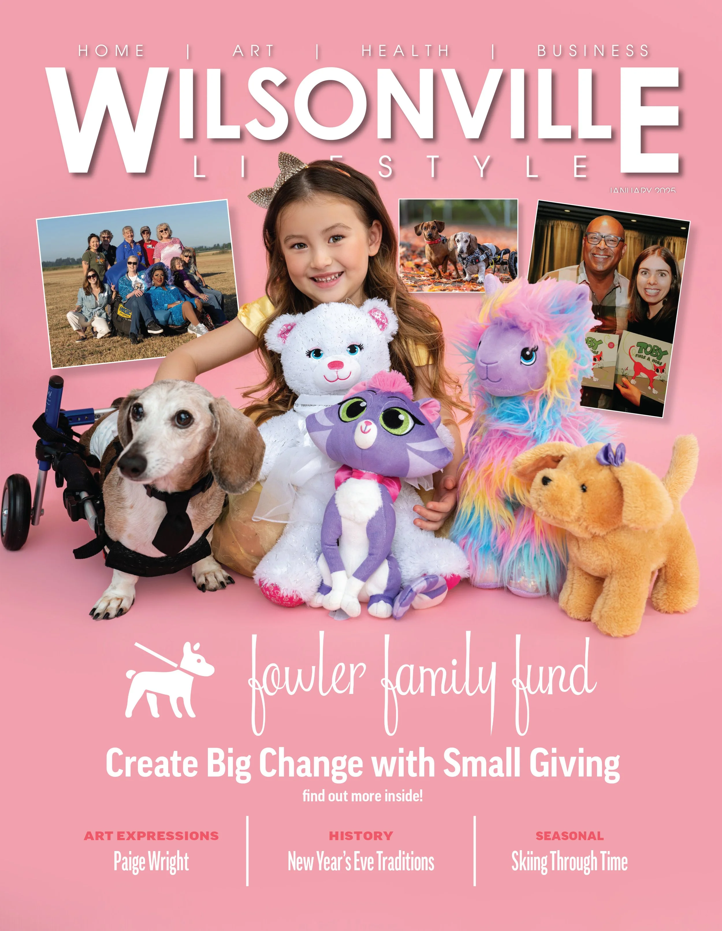 Pink cover of Wilsonville Lifestyle magazine featuring a young girl surrounded by plush toys and a dog, with photographs of people and dogs in the background. Text promotes a family fund and community stories.