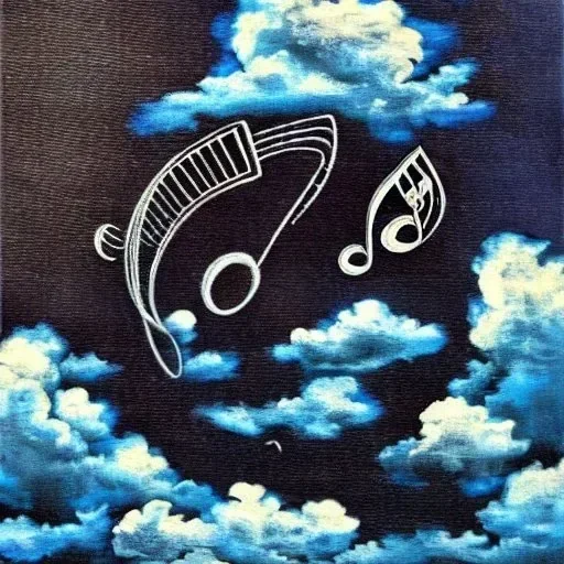 Musical notes coming out of headphones floating among clouds in the sky.