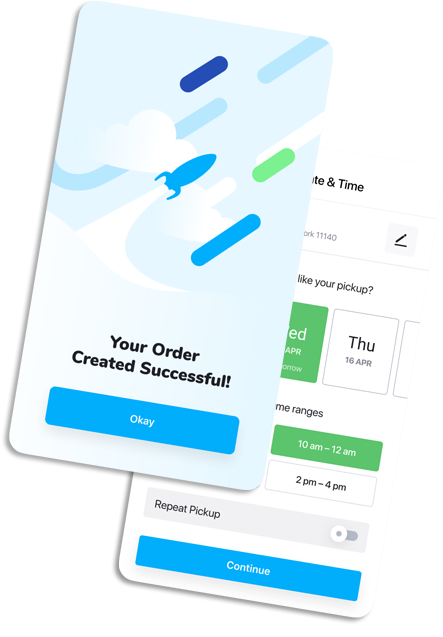 Mobile app screenshot showing order confirmation with a success message, a blue "Okay" button, and part of the pickup scheduling screen with date, time, and repeat pickup options.