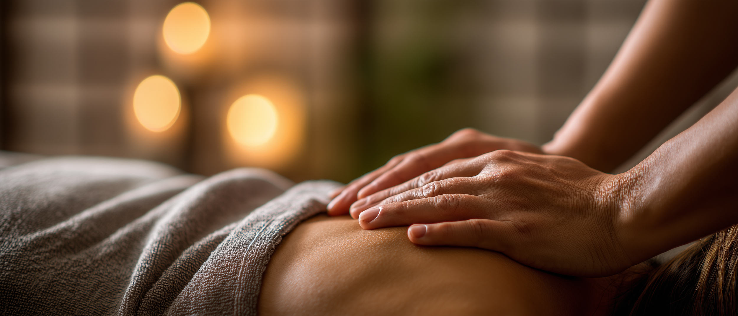 Person erhält eine Wellness-Massage im warmen Ambiente, mit Kerzen im Hintergrund.