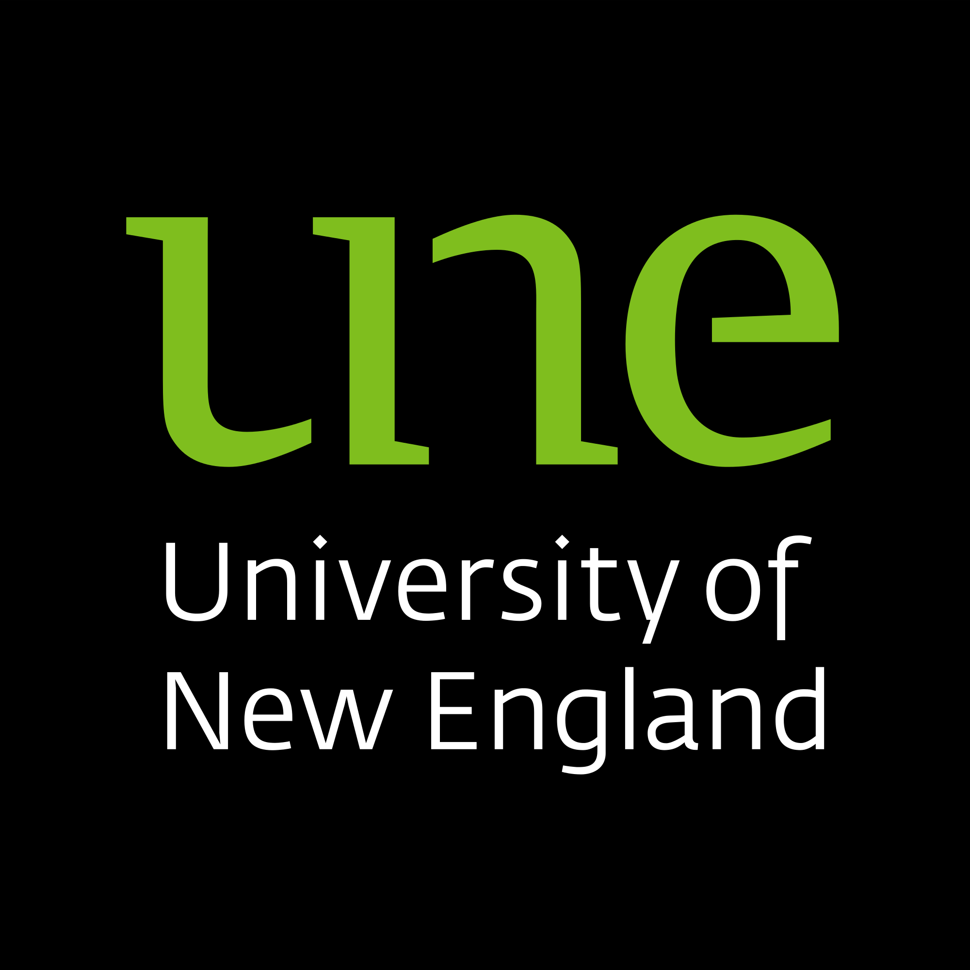 University of New England logo with the abbreviation 'UNE' in green and the full name below in white text on a black background.