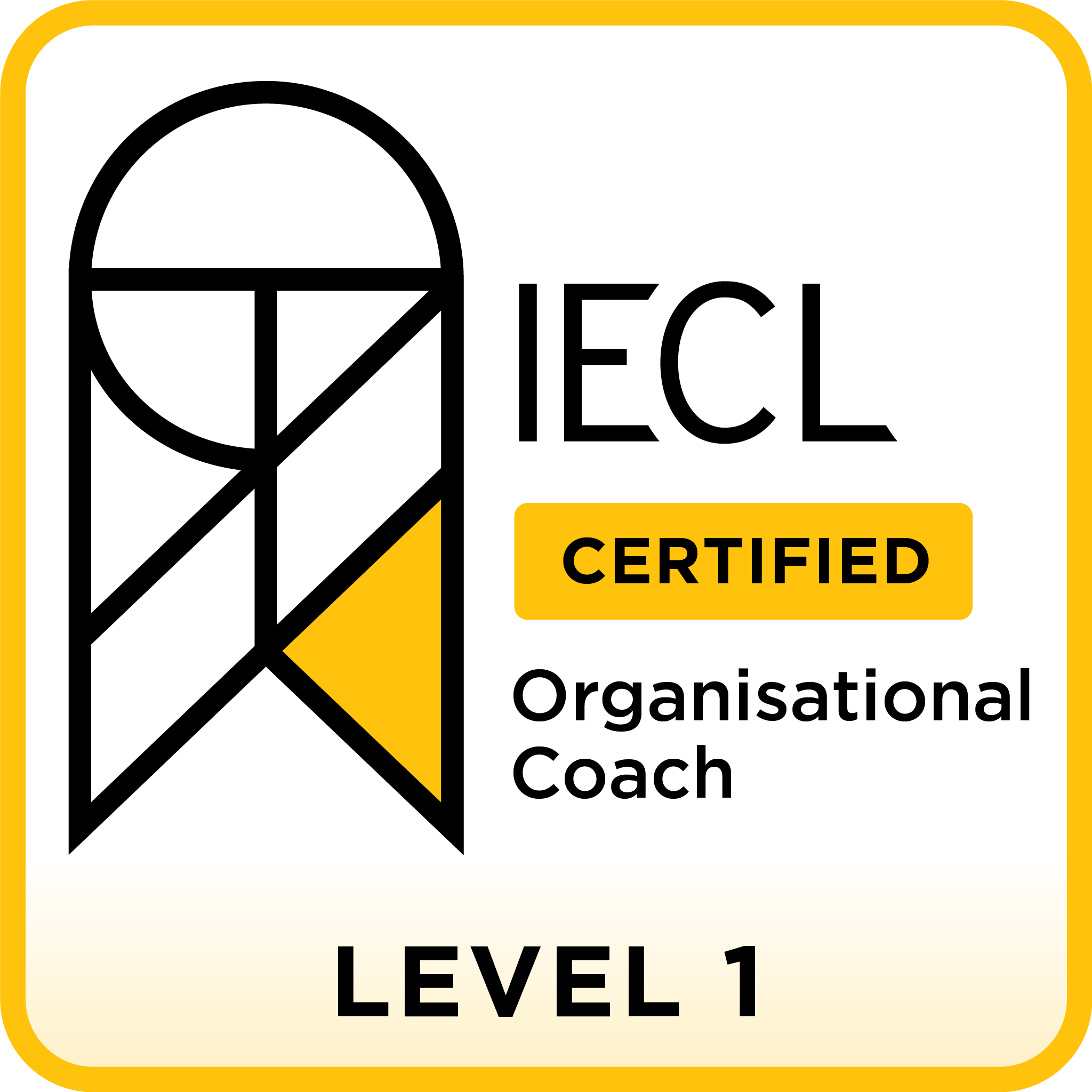IECL Certified Organisational Coach Level 1 logo with black, white, and yellow design elements.