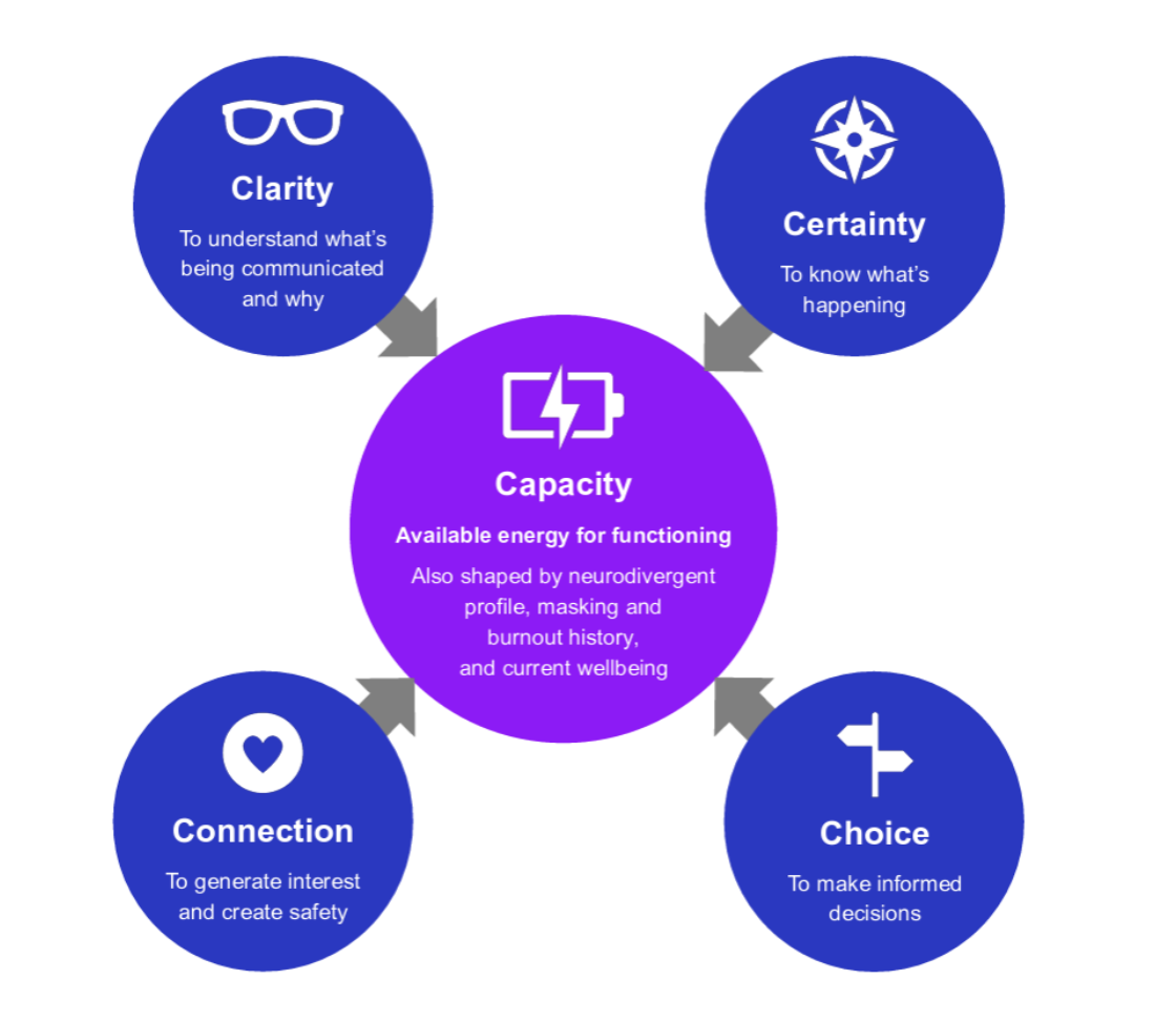 Diagram of the five conditions for flourishing: Certainty, Clarity, Choice and Connection describing the conditions around a person, with Capacity at the centre as what those conditions produce.