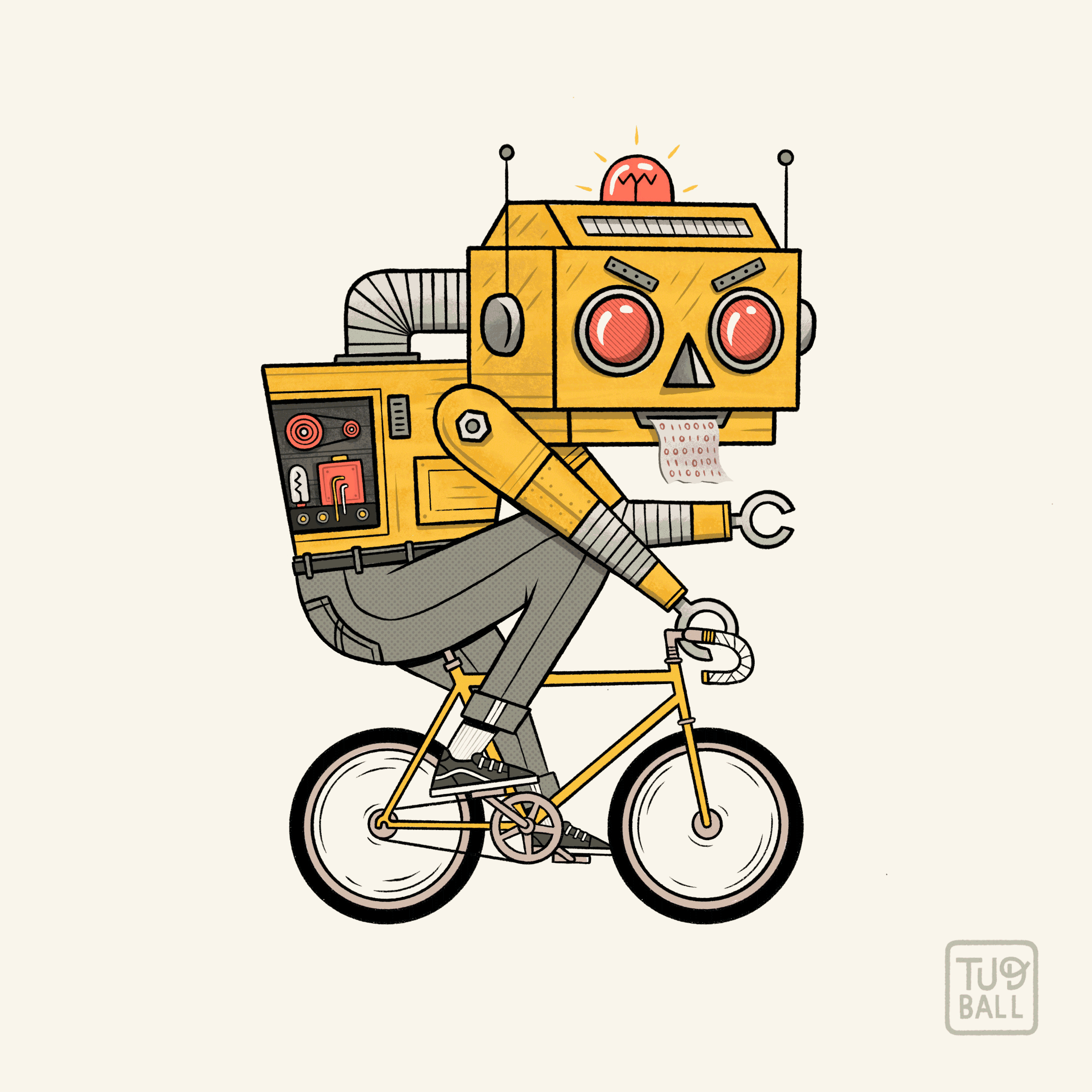 A cartoon robot with a square yellow head riding a yellow bicycle, with glowing red eyes, ventilation pipes, and a red warning light on its head. The robot has a mechanical arm with a wrench, a circuit panel on its back, and paper with binary code hanging from its mouth.