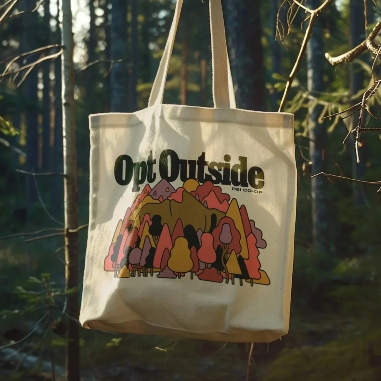 Illustration of a mountain forest with trees in various colors, and the text 'Opt Outside REI Co-op' in bold black letters.