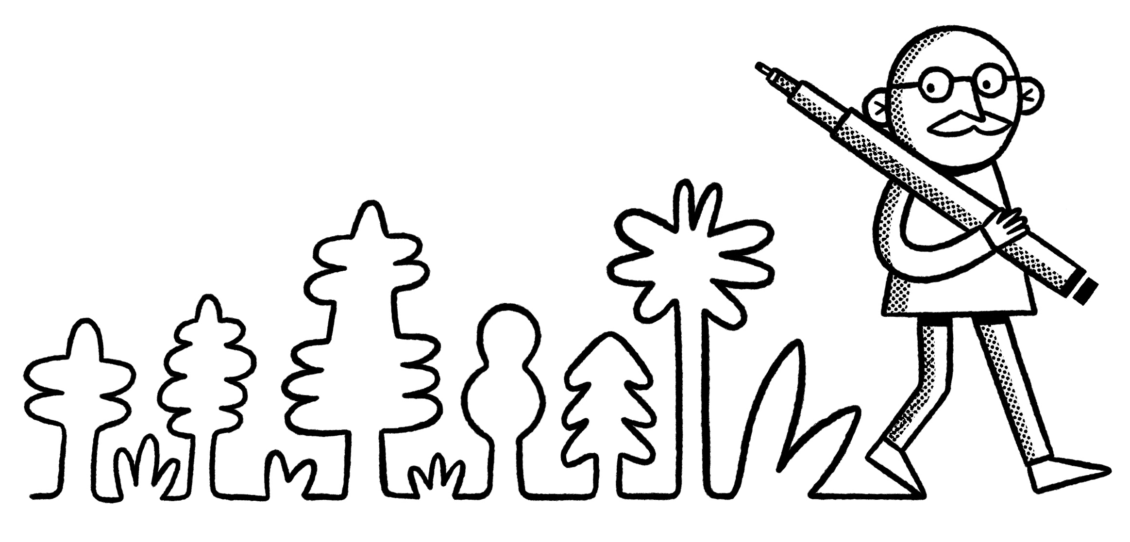 Line drawing of a girl holding a giant pencil, standing among stylized trees and plants.