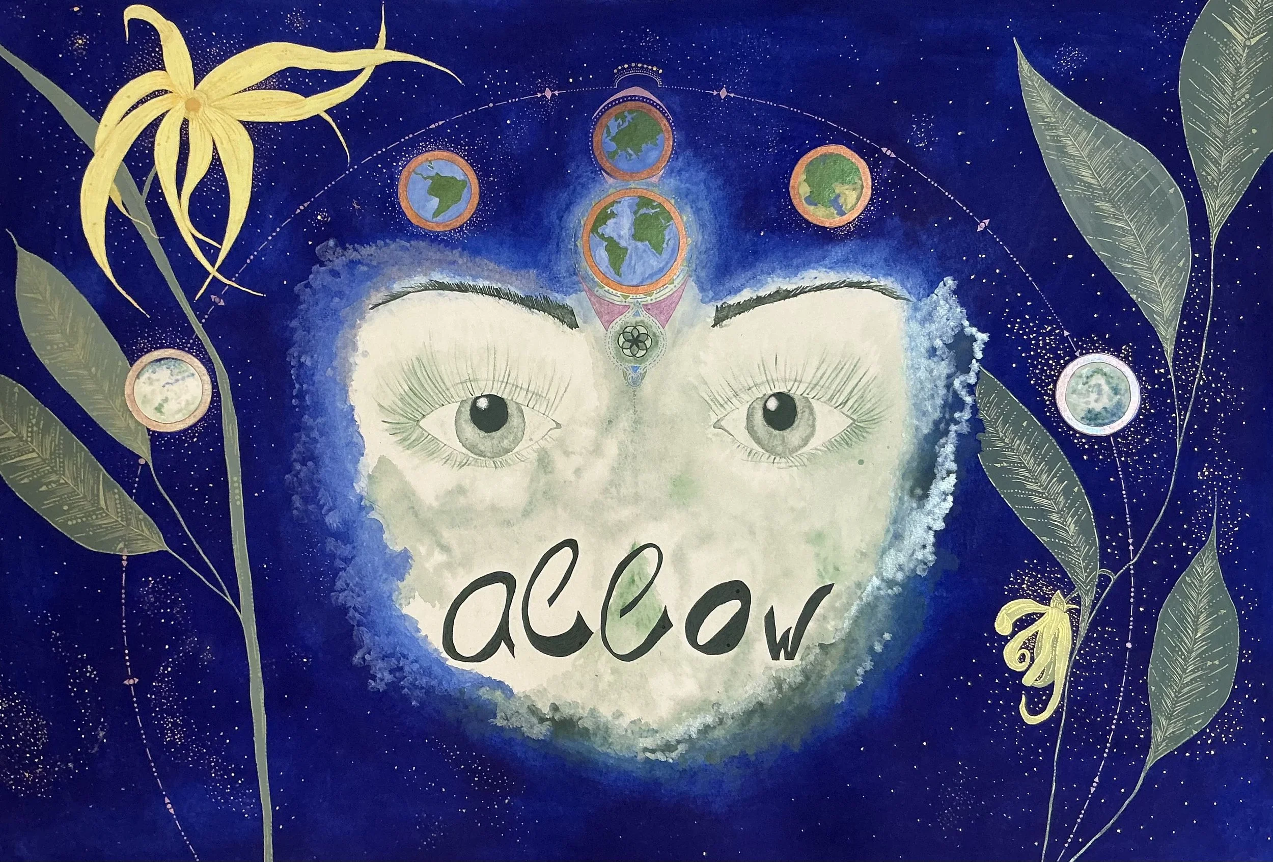 Kunstwerk mit einem menschlichen Gesicht, umgeben von Galaxien, Ylang Ylang Pflanzen und Kontinentabildungen, mit dem Wort 'allow' in der Mitte