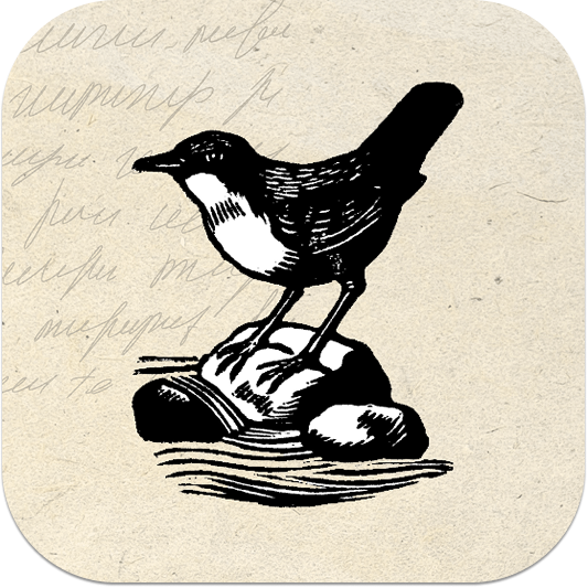 Black and white illustration of a dipper bird standing on a rock with handwritten notes in the background.