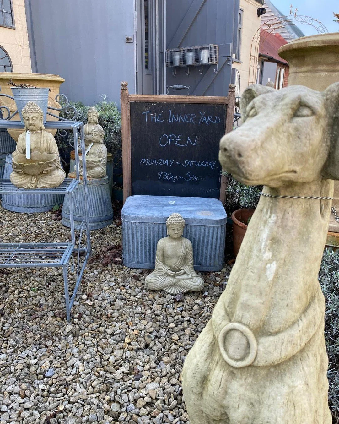 Covering all the bases in the garden - we have guard dogs and a selection of guard buddhas. Not sure which are the most likely to be effective but they are quite happily keeping watch together!

#theinneryard #independentgiftshop #shoplocaldevizes #d