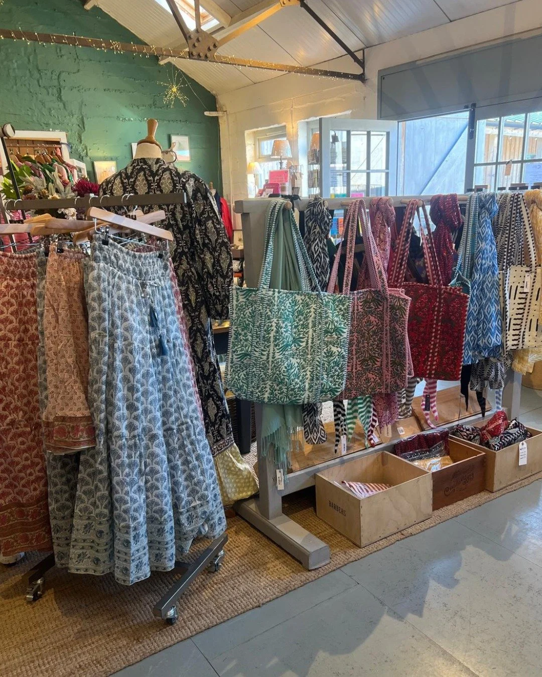 As summer is fast approaching it feels like the right time to put out some lovely new hand-block print skirts and dresses we've just had in. They sit beautifully next to the tote bags and scarves and it's all looking very boho chic (which luckily goo