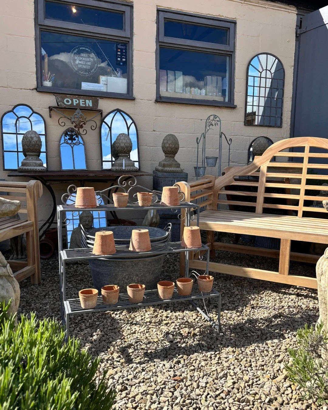 Continuing on with the sunny theme (before the weather changes next week 😬) a mention for our lovely teak bench - solid and stylish and a real garden feature. We've also recently had some new garden mirrors in which reflect the blue skies beautifull