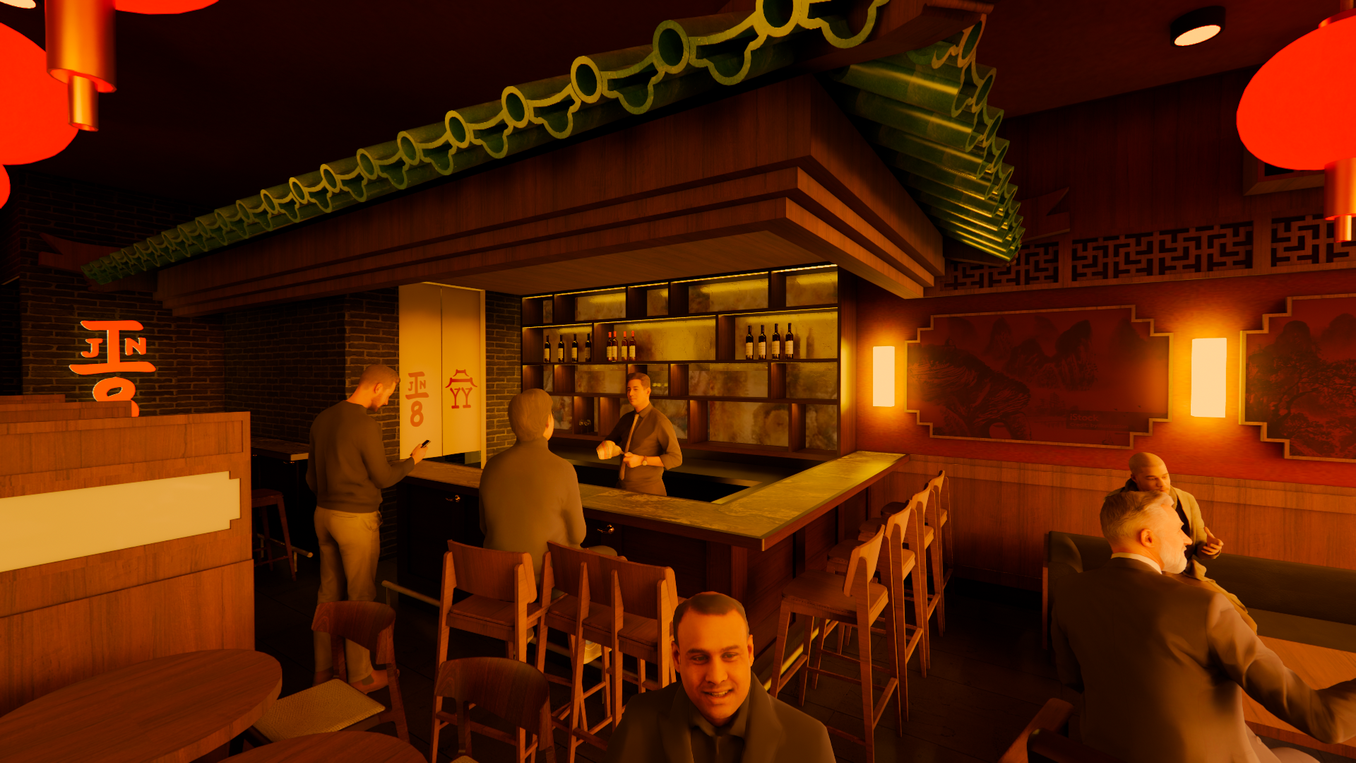 Modern bar with red lighting, featuring a curved bar counter with patrons seated, bottles displayed on shelves, and two women standing and talking in front of a wall decorated with large digital art portraits.