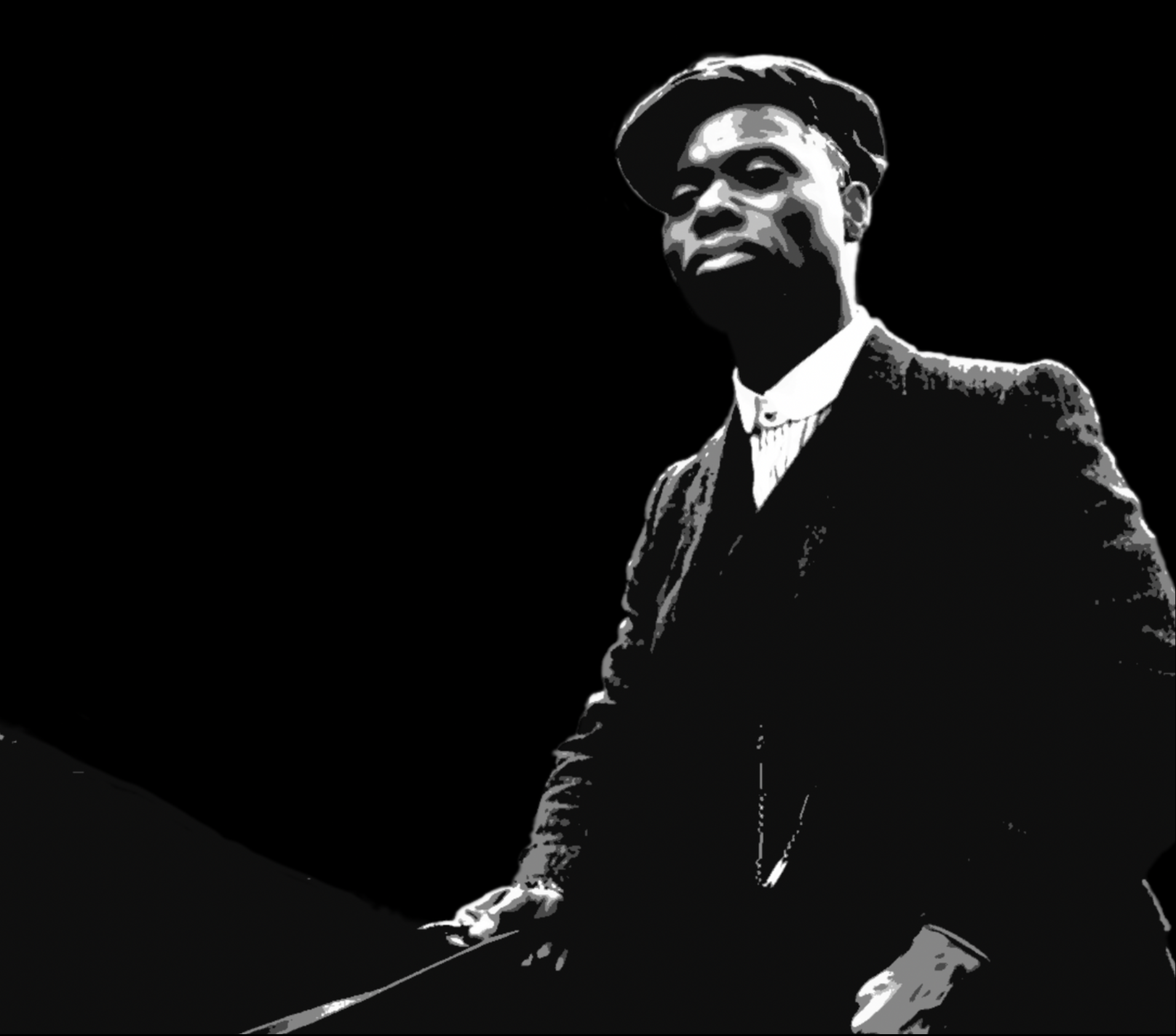 Stylized black-and-white portrait of a man in a suit and flat cap, seated and looking upward against a solid black background.