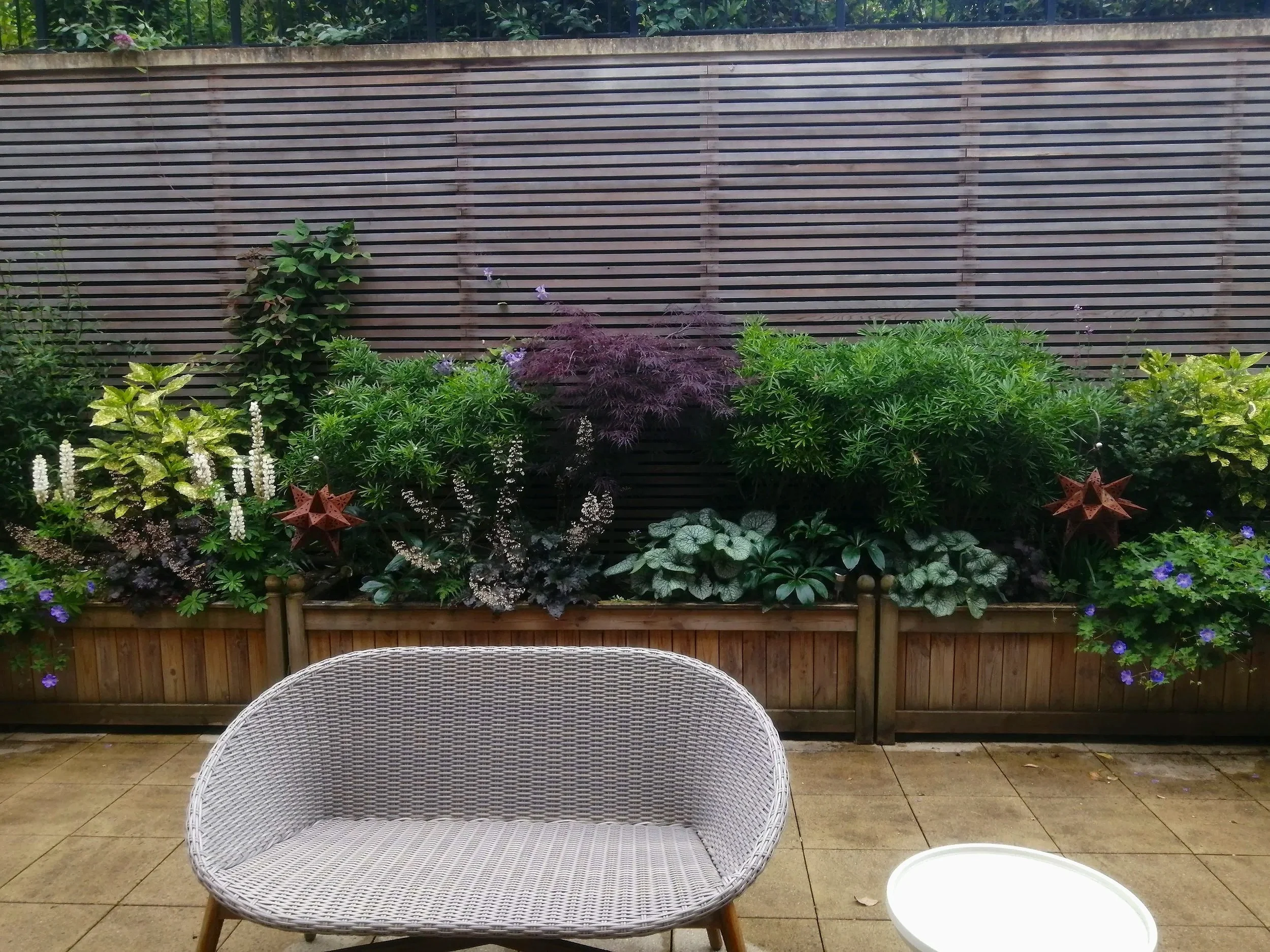 A backyard garden scene with a wooden fence, lush green plants, and purple flowers. A white wicker chair is partially visible in the foreground, and a small white table is visible at the bottom right corner. The area appears to be a patio with tiled 