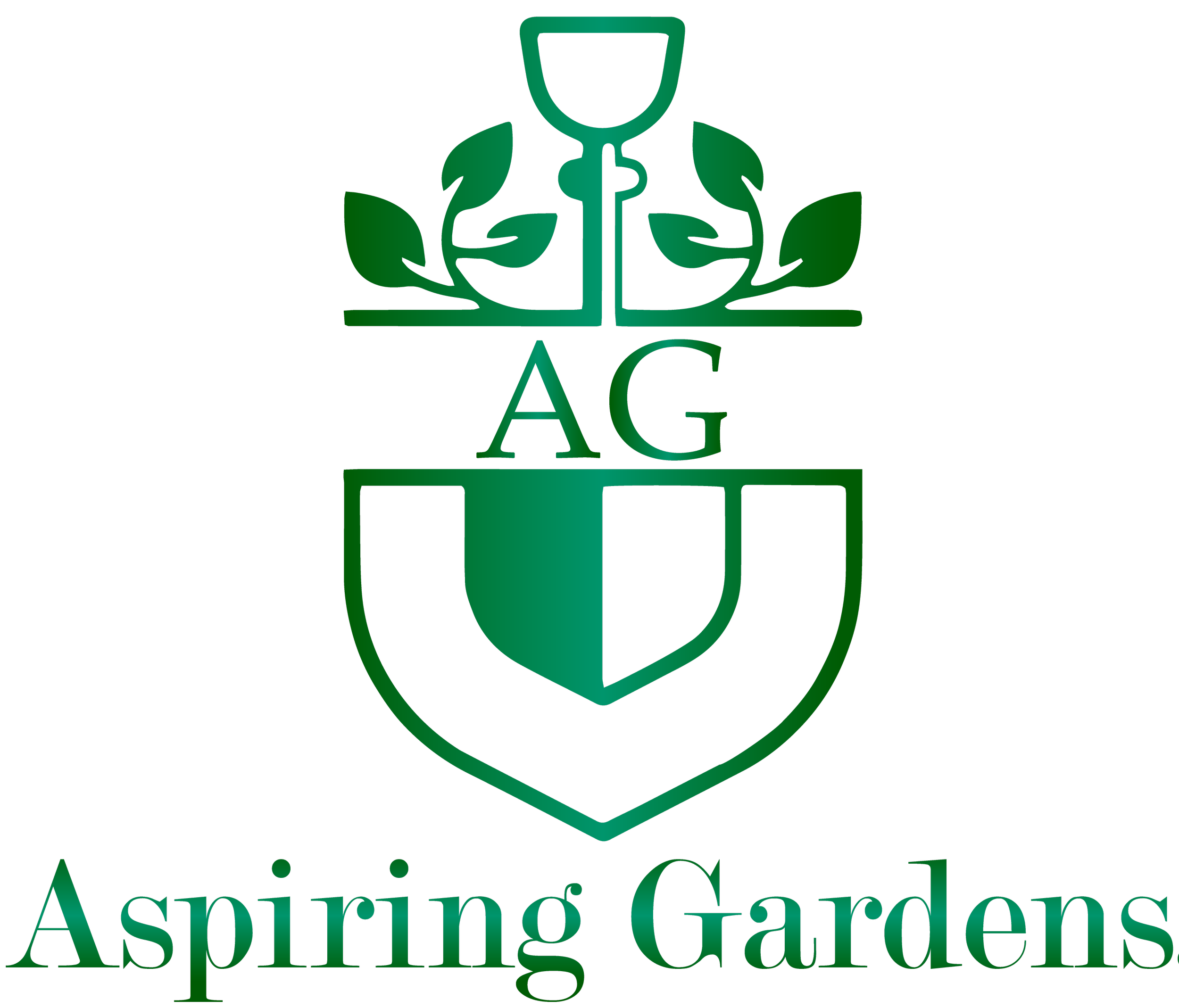 Logo of Aspiring Gardens featuring a stylized green garden trowel with leafy elements and the text 'Aspiring Gardens' below.