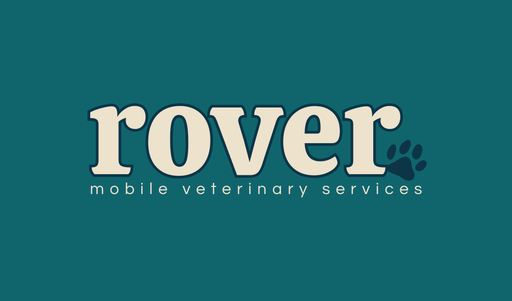 Logo for Rover, a mobile veterinary service, with the word 'rover' and a paw print icon on a teal background.