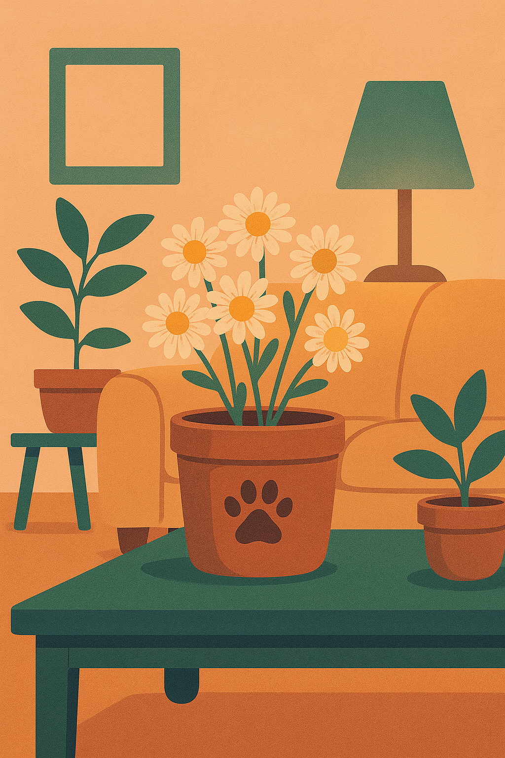 Illustration of a cozy living room with potted plants, a yellow sofa, a green lamp, a picture frame, and warm orange tones.