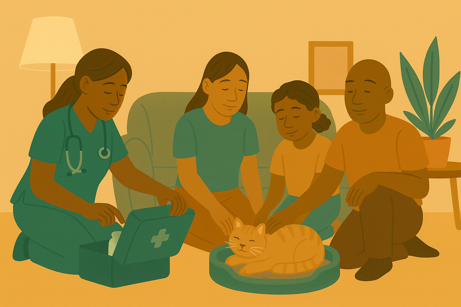 Illustration of a family of three sitting on the floor with a sleeping orange tabby cat in a pet bed. A female veterinarian is next to the family. They are in a cozy living room with plants, a lamp, and a picture frame in the background.