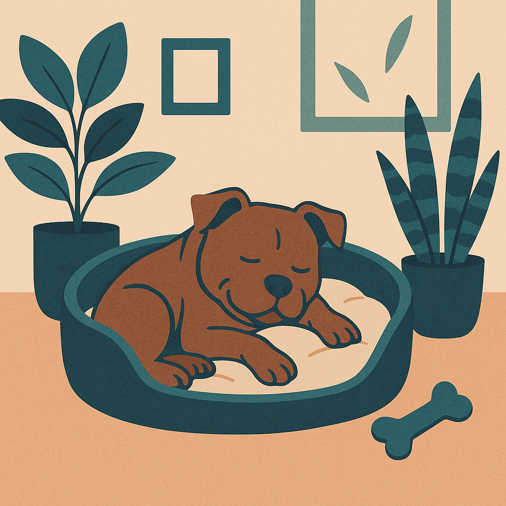 Illustration of a sleeping brown dog laying in a dog bed with a bone nearby, with potted plants and framed pictures on the wall in the background.