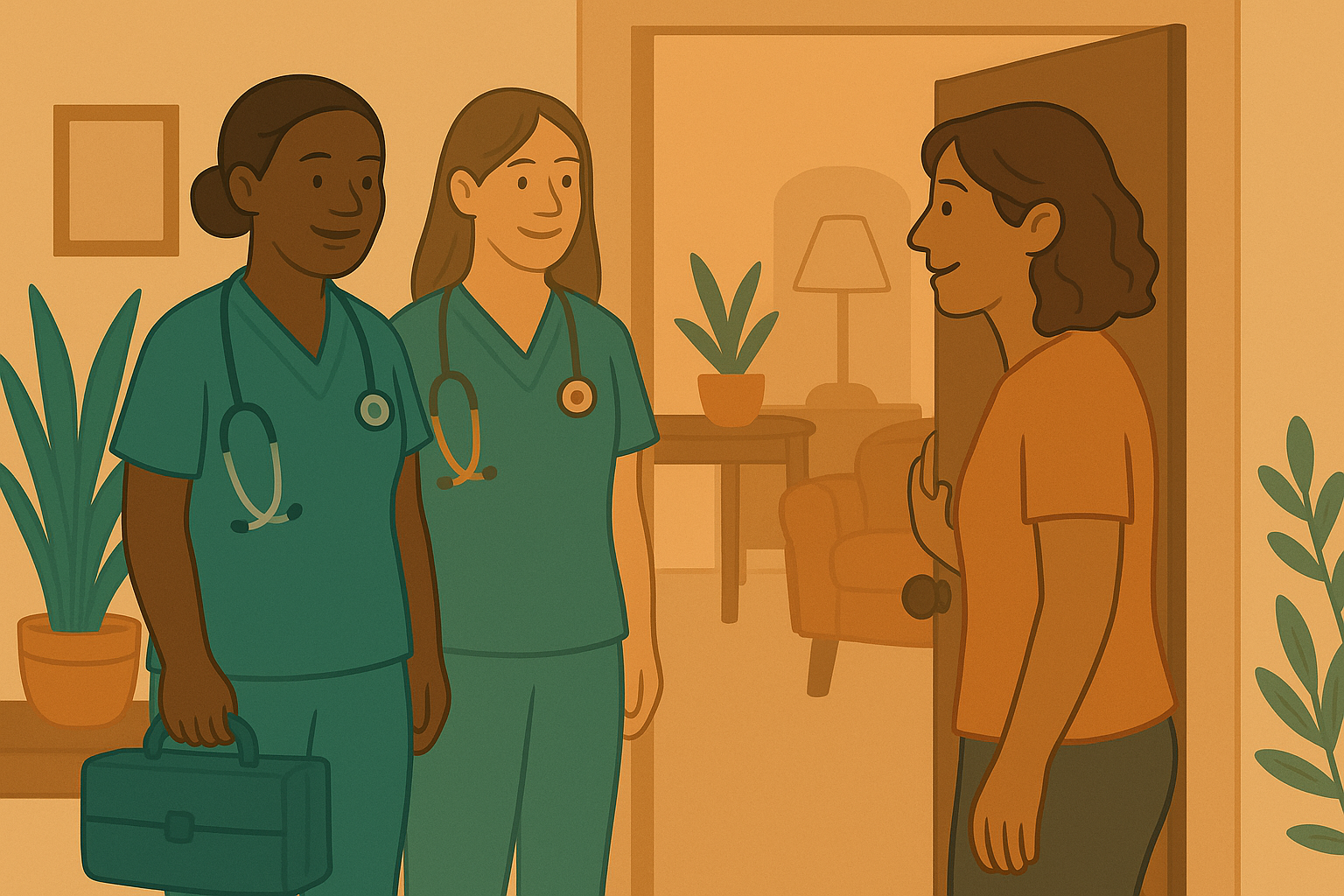 Illustration of a vet and a vet nurse in scrubs standing and talking to a woman at her doorway in a cozy living room.