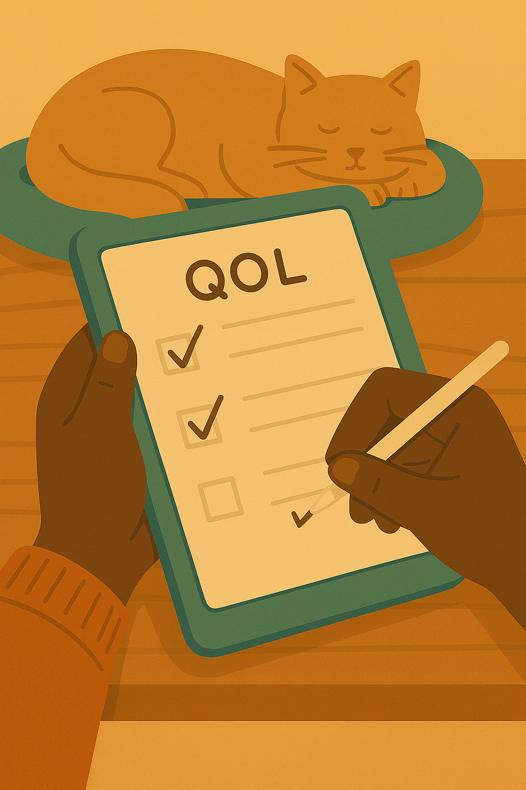 Illustration of a person with dark skin writing on a checklist with a pen, while a sleeping orange cat rests on a green bed in the background.