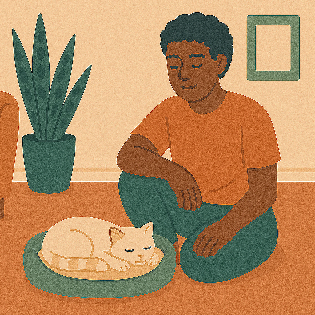 Illustration of a person with dark curly hair and brown skin, sitting on the floor with a gentle smile, next to a sleeping cream-colored cat curled up on a green pet bed, in a cozy living room with a potted plant and wall frame in the background.
