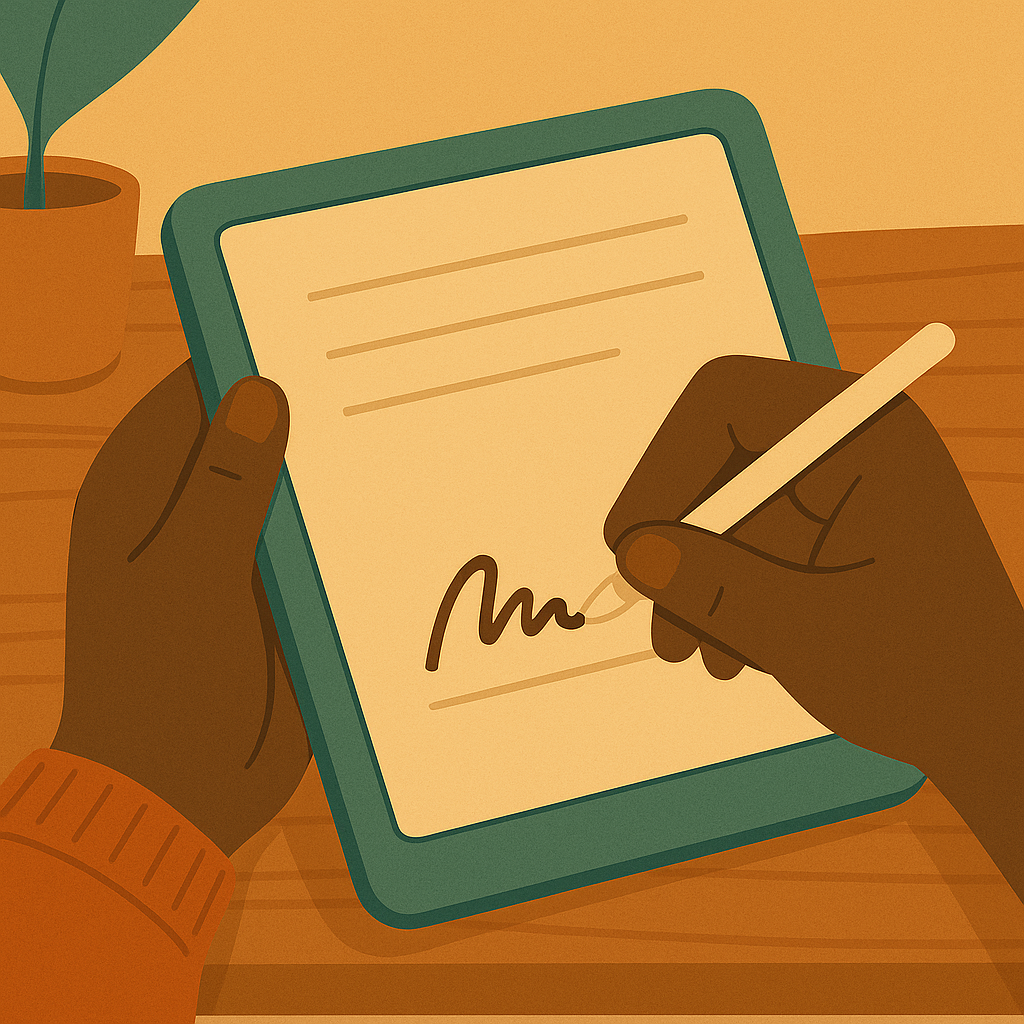 Illustration of a person with dark skin signing a document on a tablet using a stylus. A plant is in a pot in the background on a wooden surface.