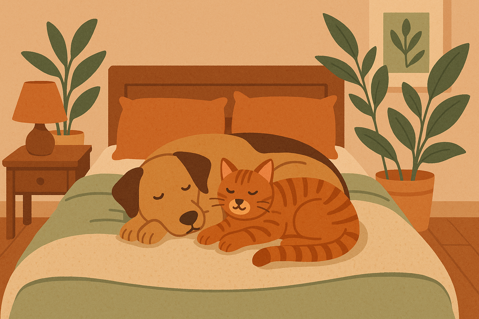 Illustration of a dog and a cat resting together at home on a cozy bed, with closed eyes. The bed has orange pillows and a beige blanket. The background includes two potted plants, a nightstand with a lamp, and framed artwork on the wall.