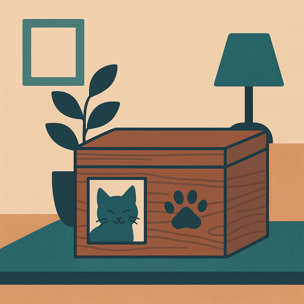 Illustration of a wooden pet memorial box with a framed picture of a smiling cat and a paw print. Next to the box, there is a plant in a pot, a table lamp, and a picture frame hanging on the wall.