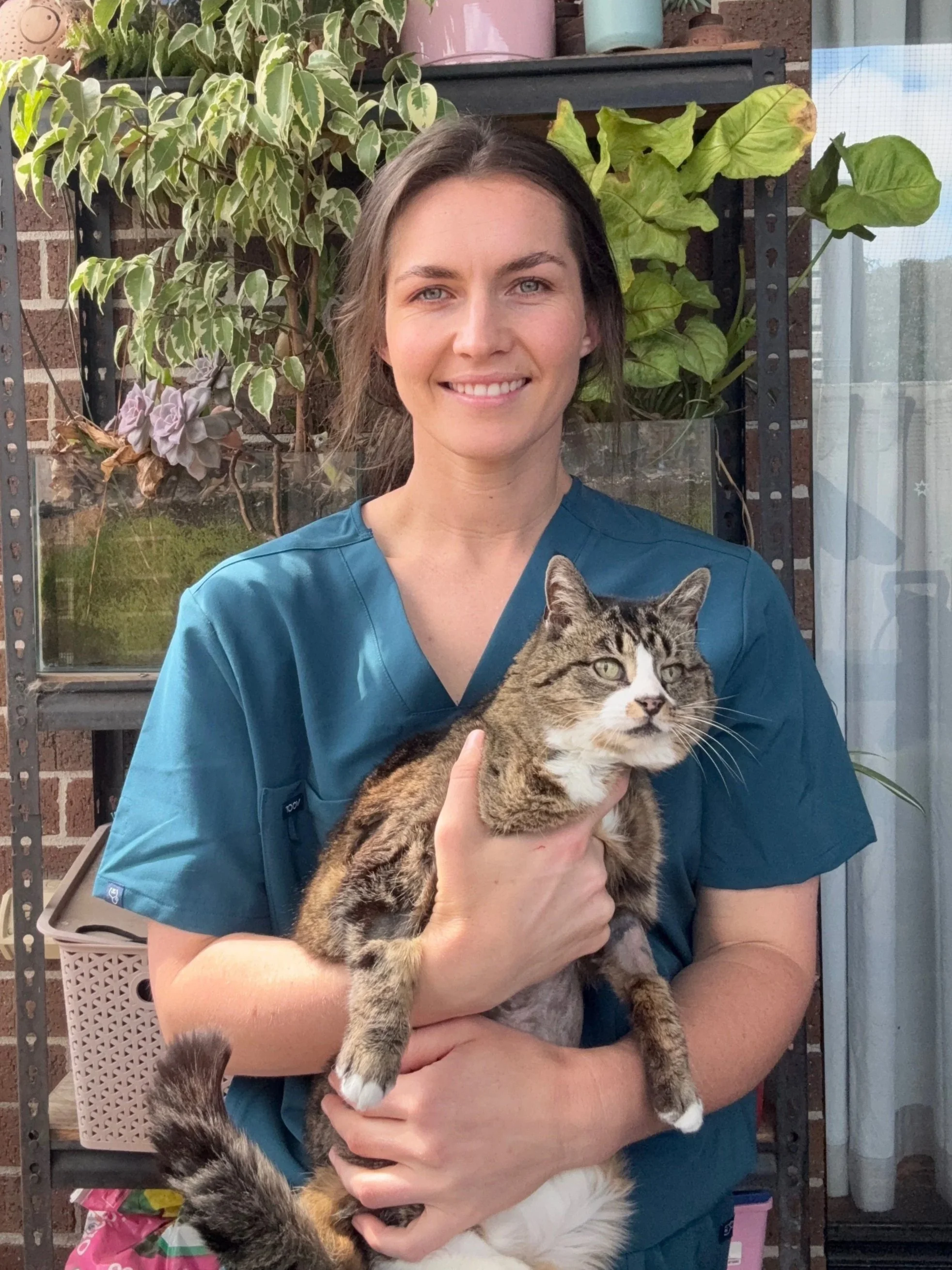 Photo of a female veterinarian in teal scrubs, smiling, holding a large, tabby and white cat with plants in the background.
