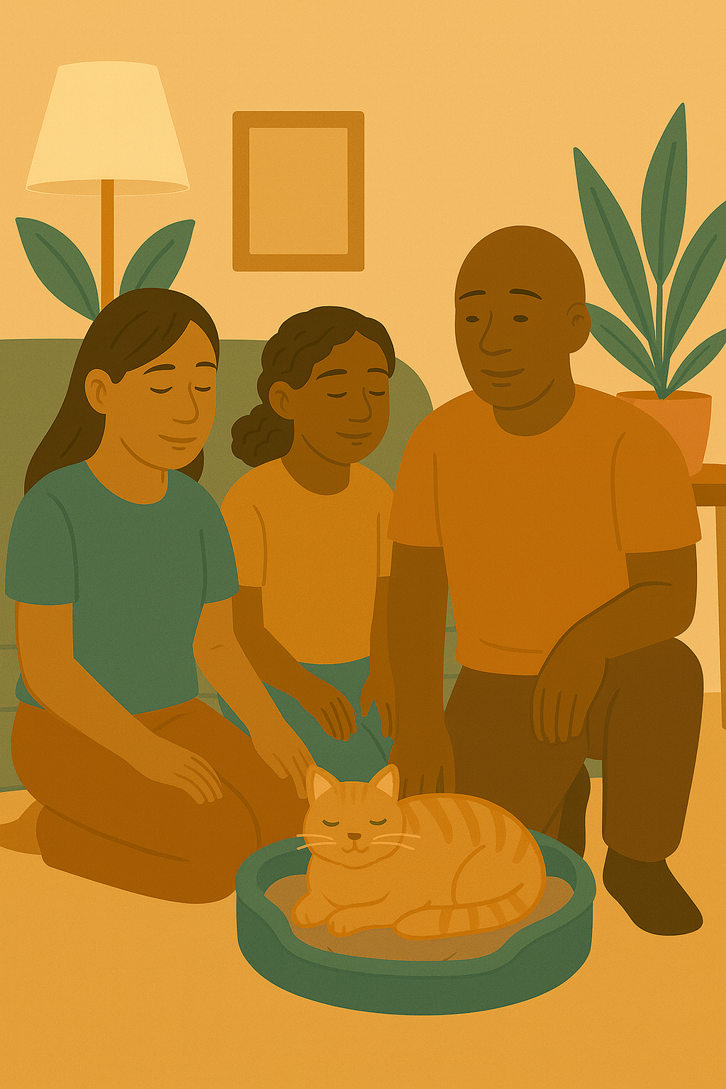 Illustration of a family of three sitting on the floor with a sleeping orange tabby cat in a pet bed. They are in a cozy living room with plants, a lamp, and a picture frame in the background.