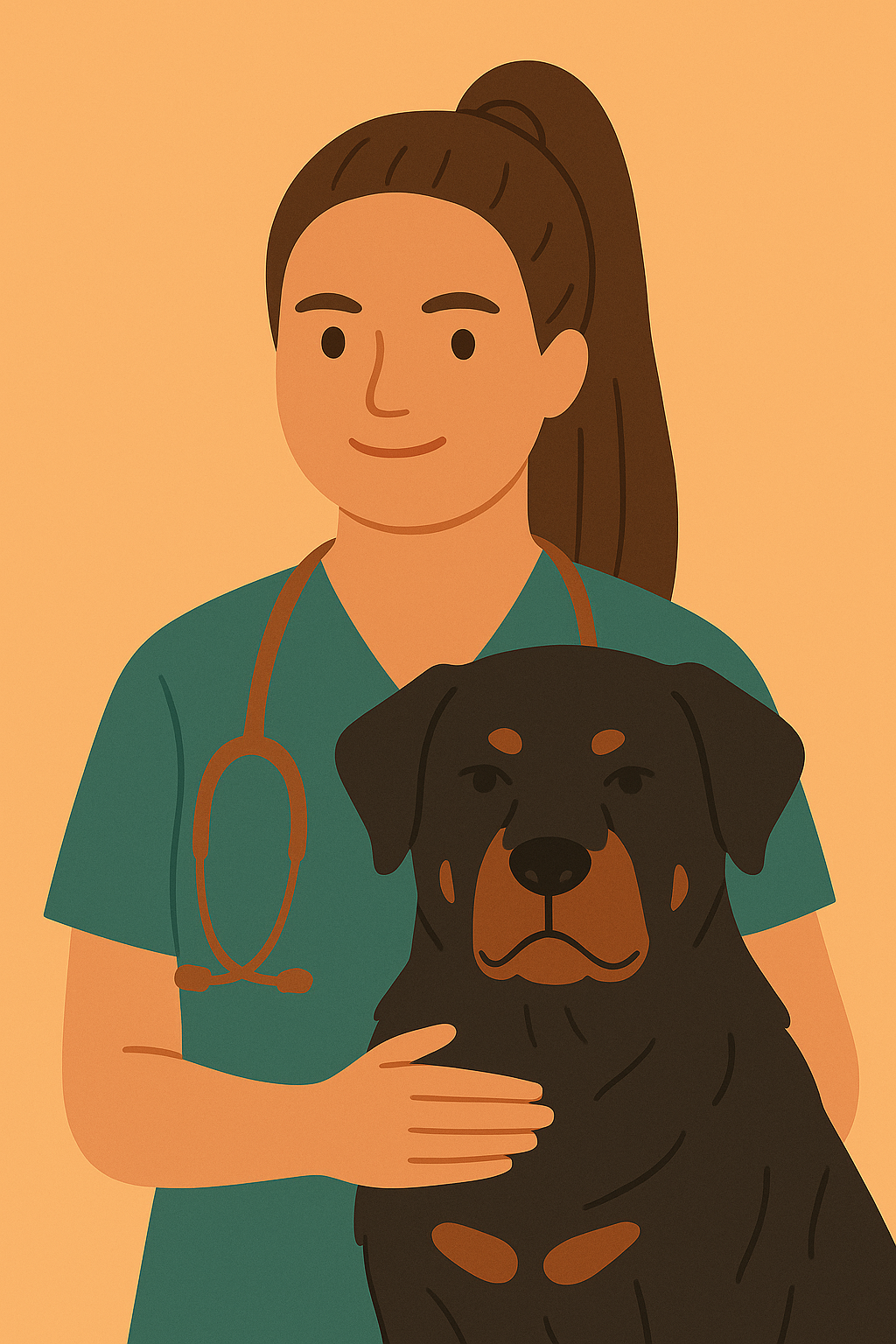 Illustration of a female veterinarian in scrubs with a stethoscope around her neck, holding a Rottweiler dog.
