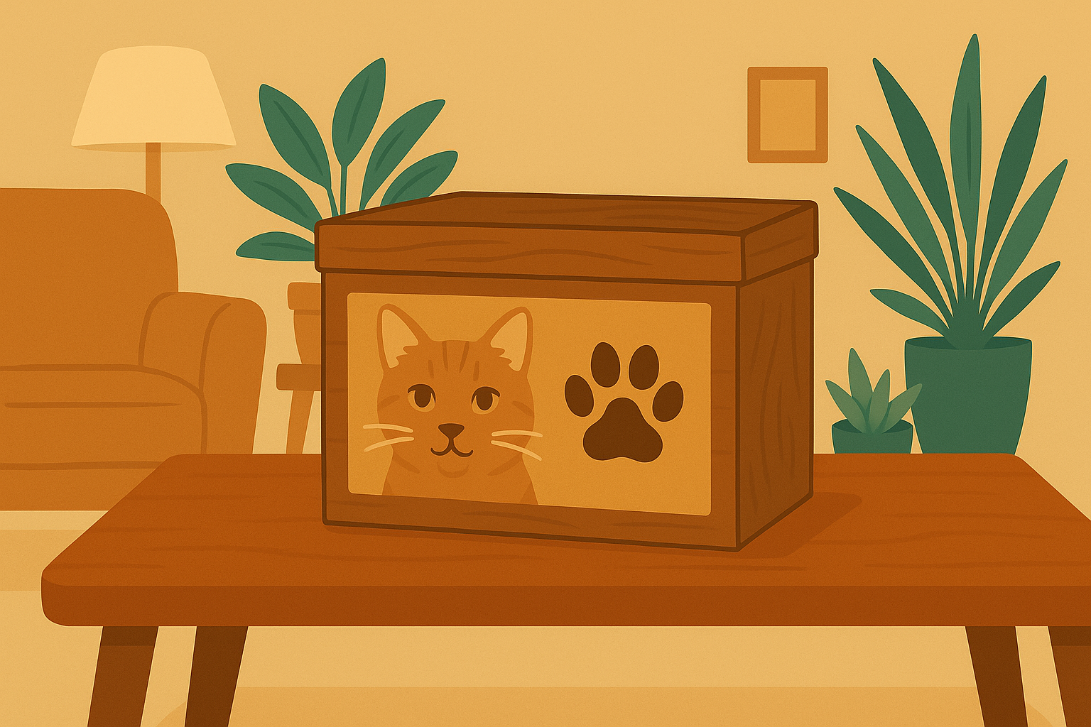 Illustration of a pet memorial box with a cat's face and paw print on it, placed on a wooden table in a cozy living room with plants and a sofa in the background.