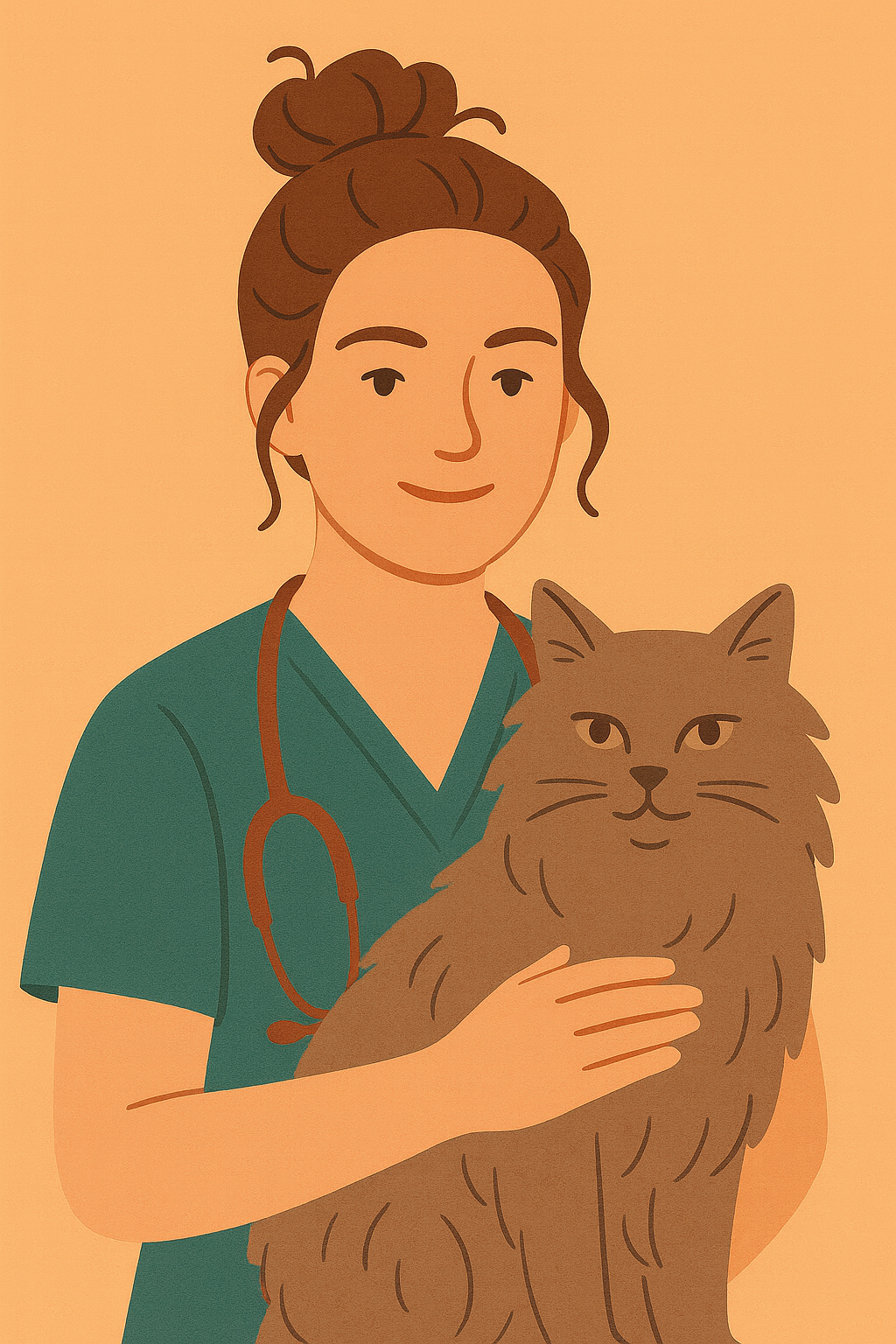 Illustration of a female veterinarian with a stethoscope around her neck, smiling, holding a large fluffy brown cat against a light orange background.