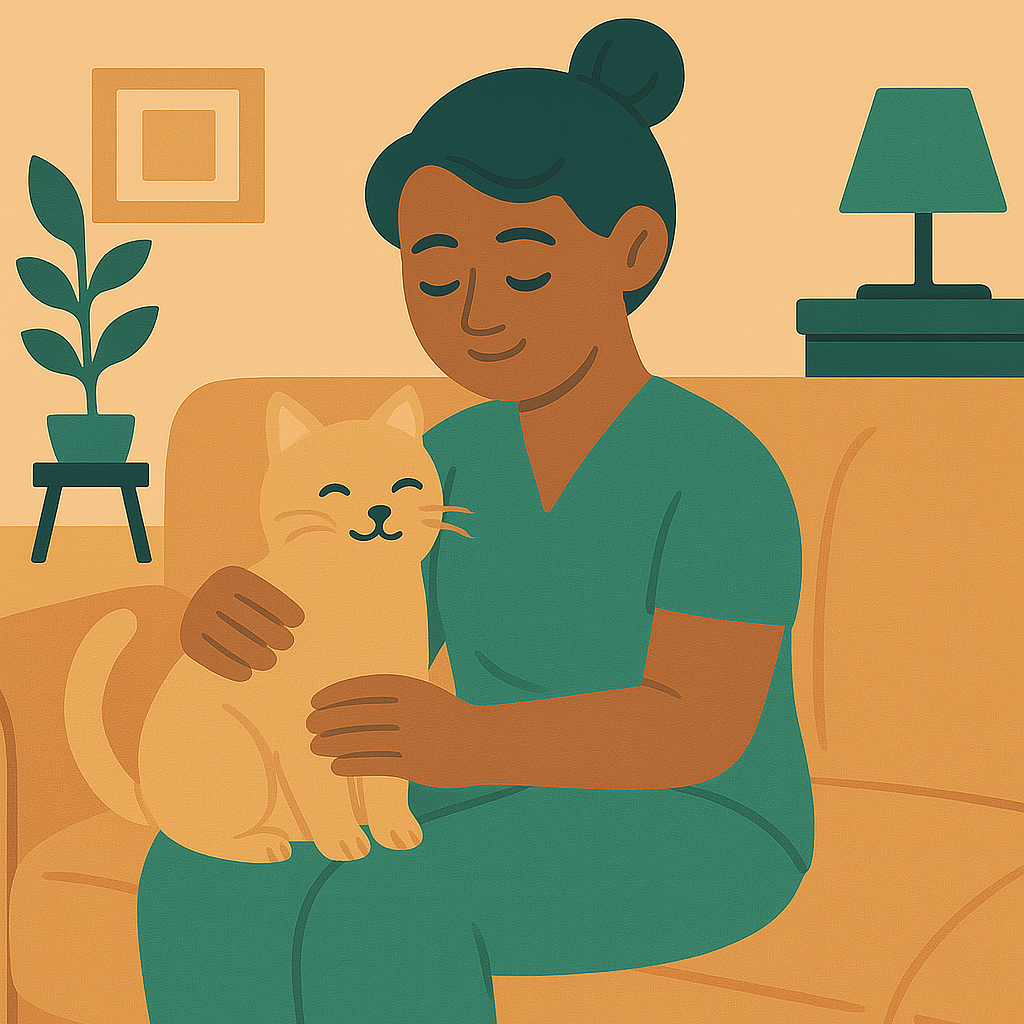 Illustration of a woman wearing scrubs, sitting on a couch, hugging a happy orange cat.