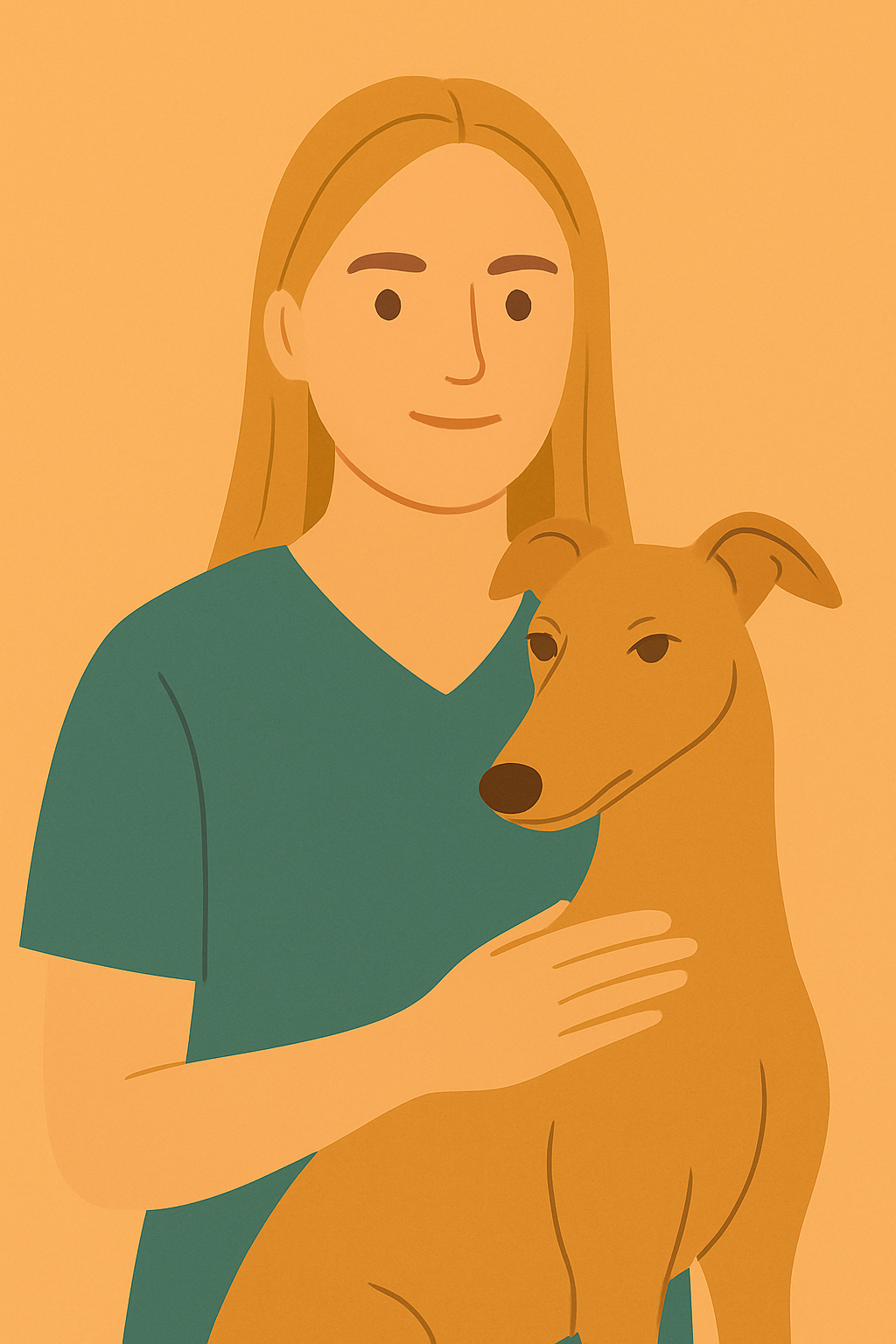 Illustration of a woman with long hair holding a tan greyhound against a warm background.