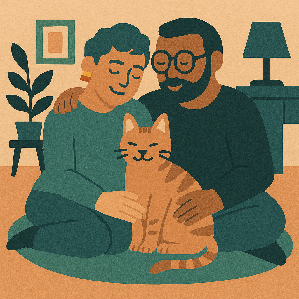 Illustration of a couple sitting on a green rug in a cozy room, hugging a content orange tabby cat.