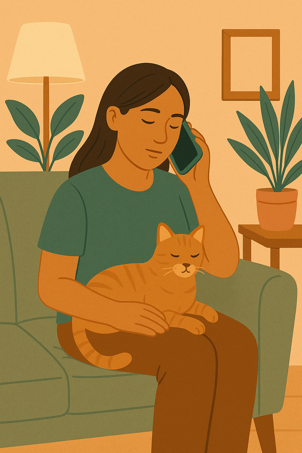 Illustration of a woman sitting on a couch holding a relaxed orange tabby cat on her lap while talking on a phone in a cozy living room with plants and a lamp in the background.