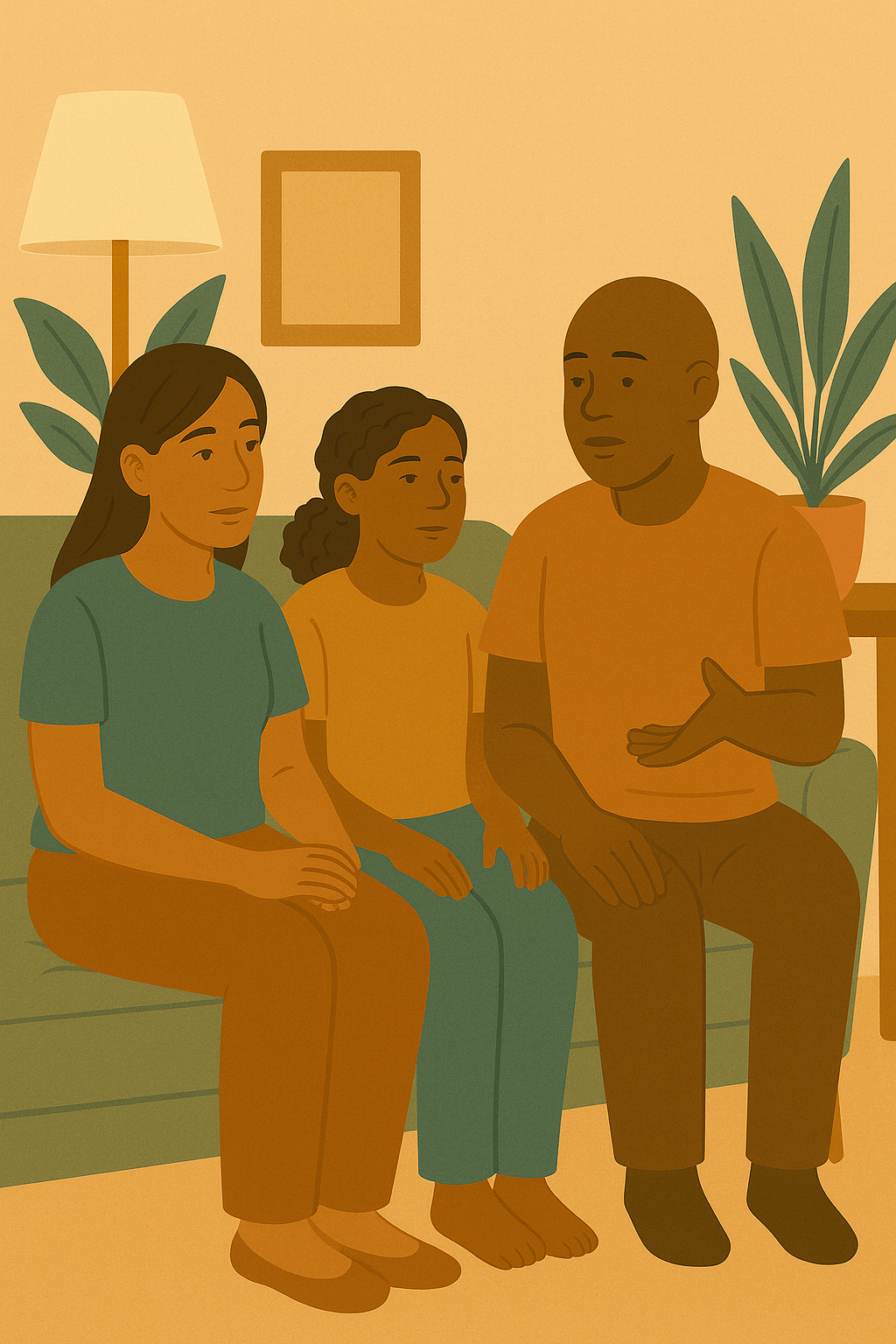 Illustration of three people sitting on a sofa, engaging in a conversation in a cozy living room with a lamp, framed picture, and potted plant in the background.