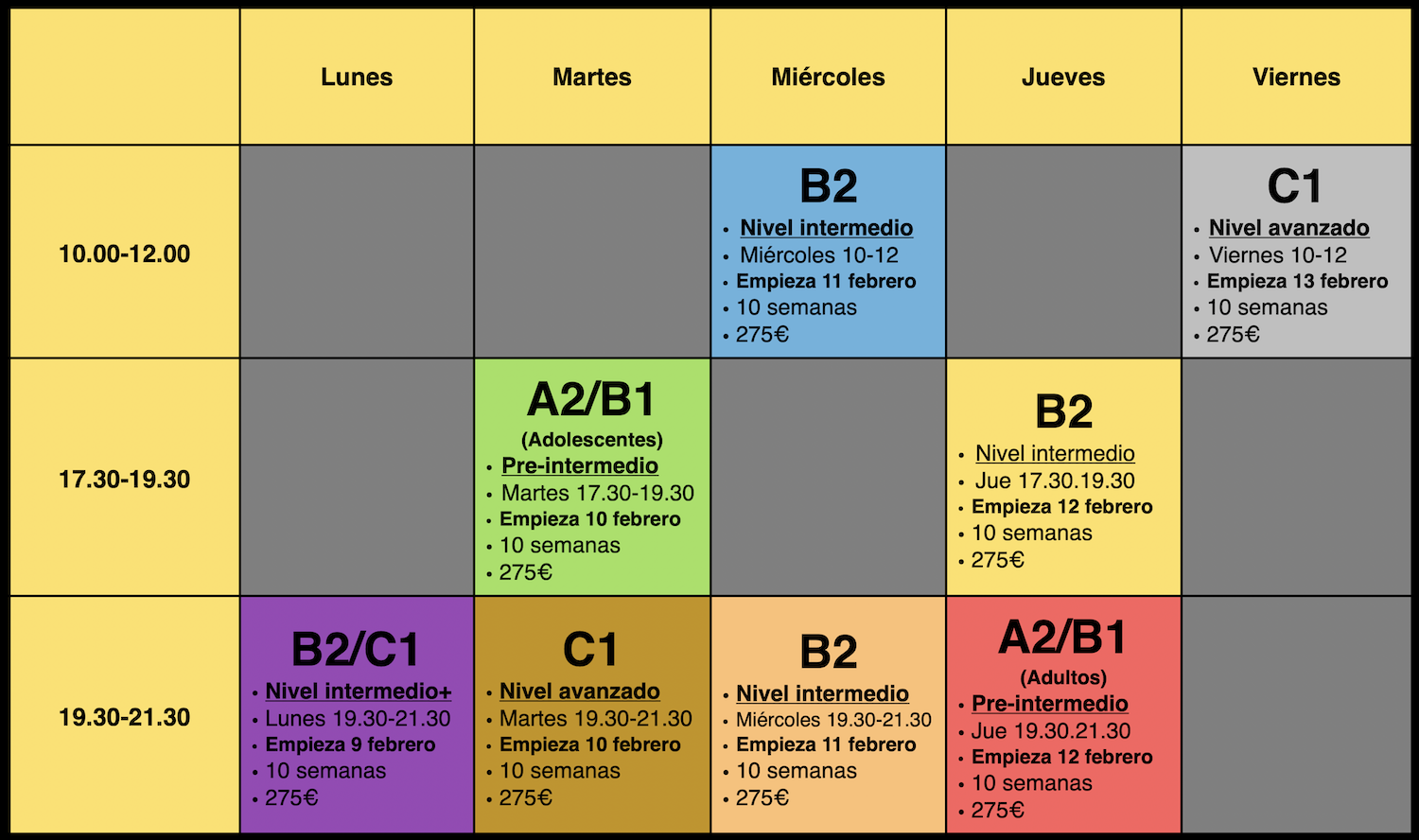 Horario 2026 clases ingles Granada online