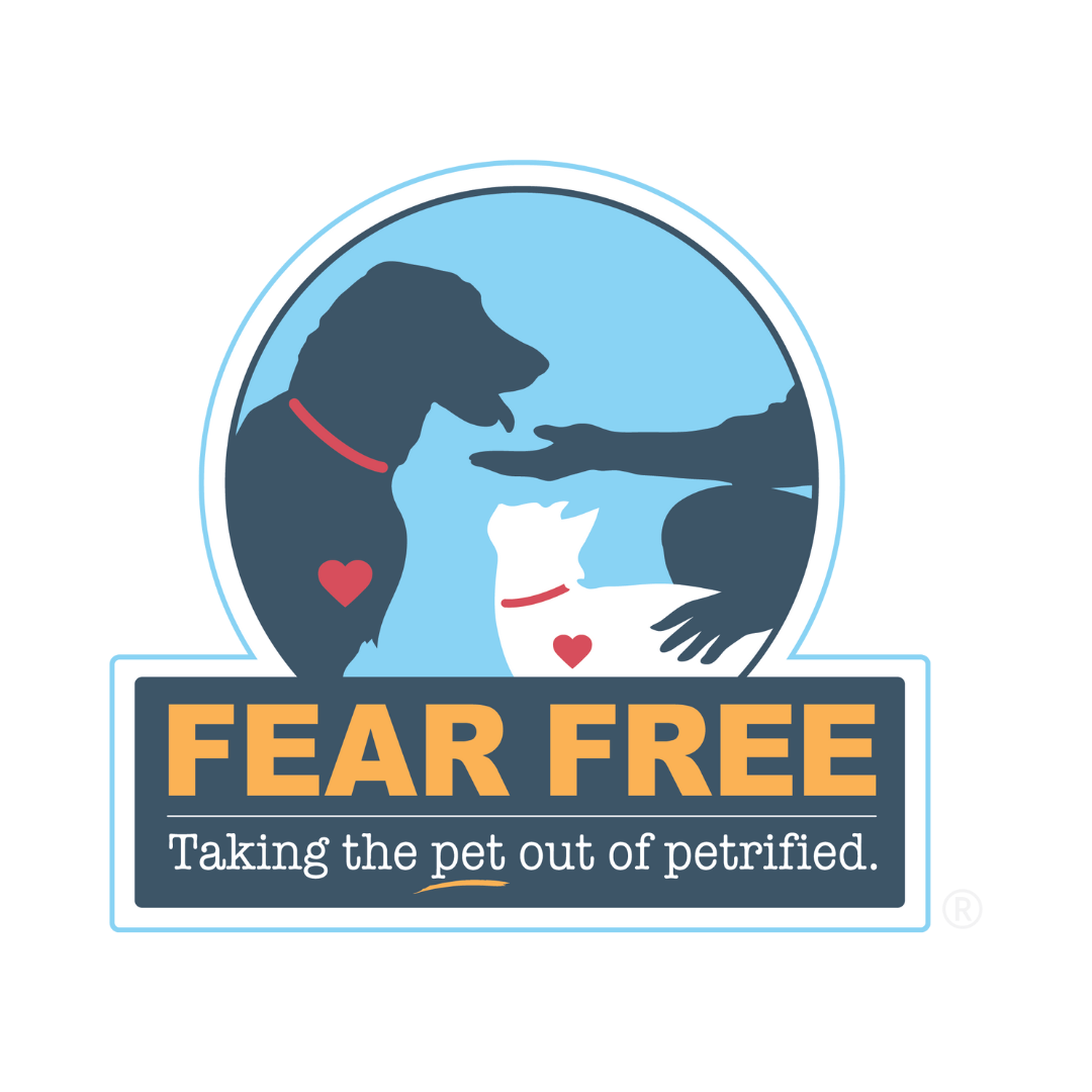 Logo for Fear Free with silhouettes of a dog and a human reaching out to each other, hearts, and the text 'Fear Free: Taking the pet out of petrified'.