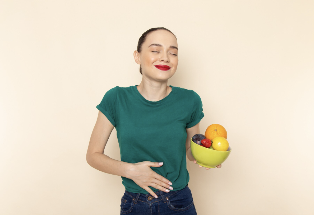 happy woman red lips fruits