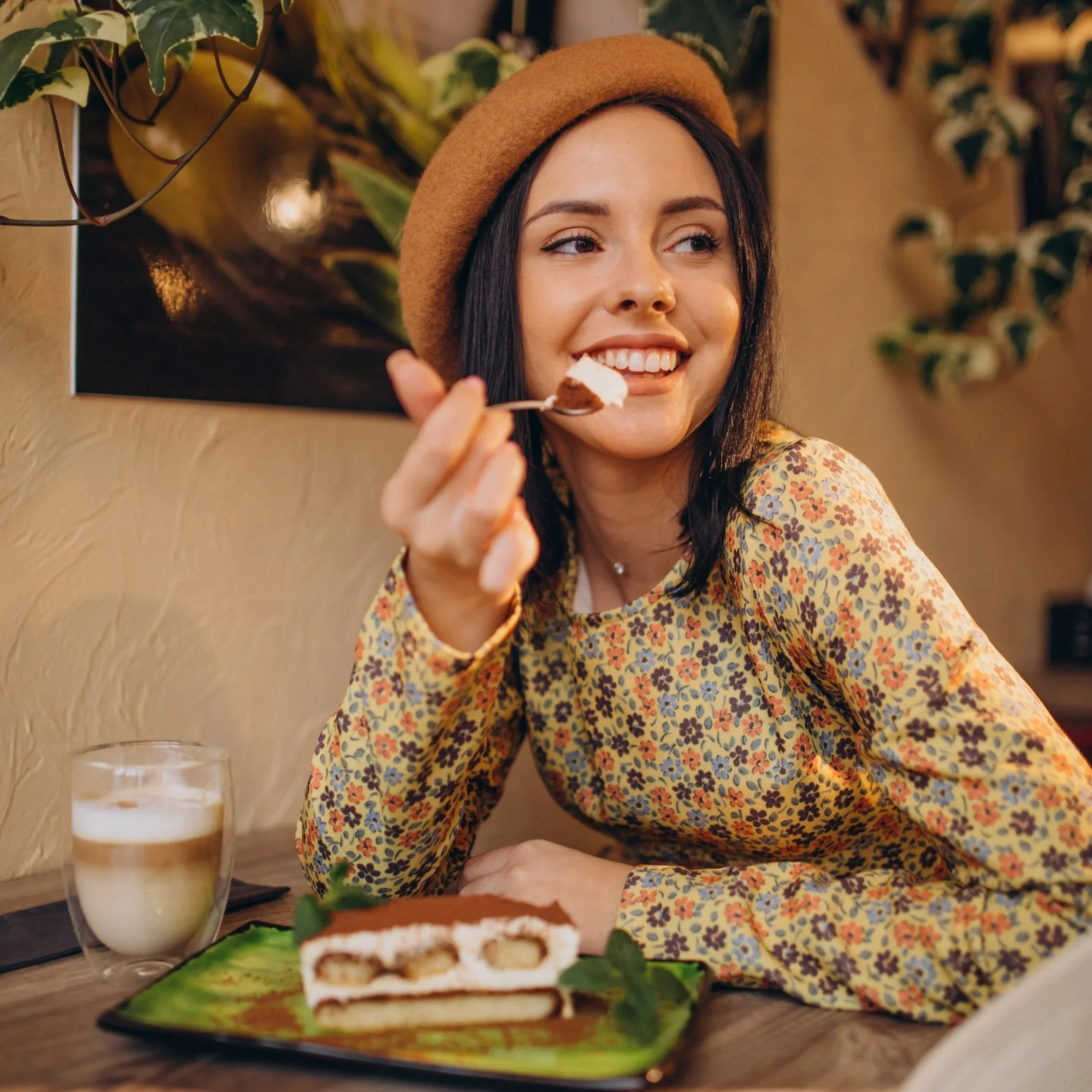 happy woman enjoying cake
