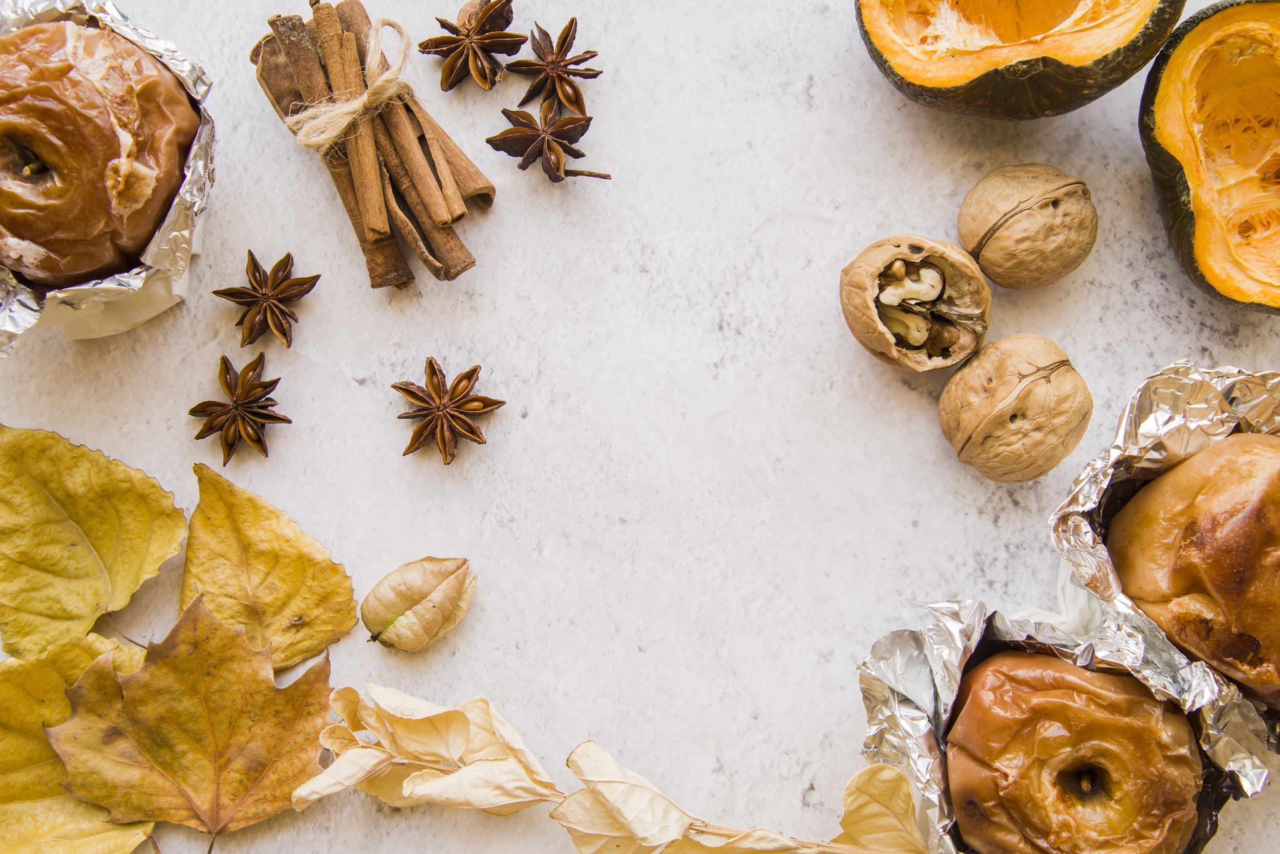 cinnamon pumpking nuts and dry leaves autumn