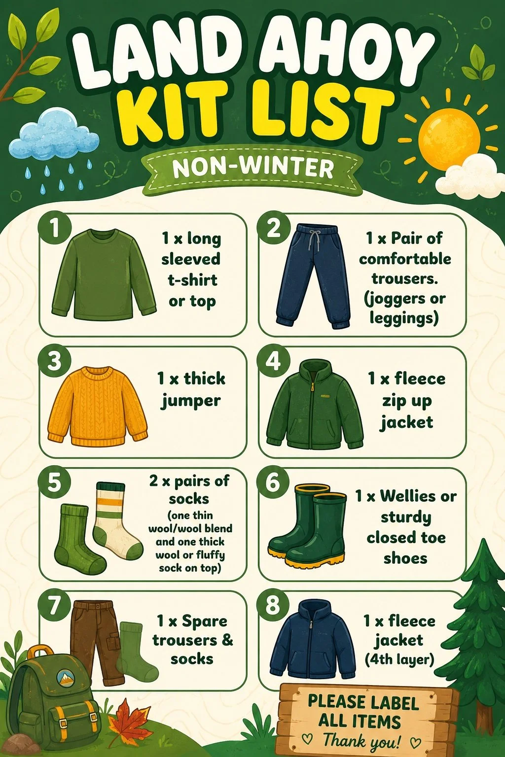 A colorful infographic titled 'Land Ahoo Kit List Non-Winter' featuring outdoor clothing and gear essentials for non-winter activities, including a long-sleeved shirt, trousers, jumper, fleece jacket, socks, wellies, spare trousers, and an additional fleece jacket for layering. Each item is illustrated with cartoon-style drawings.