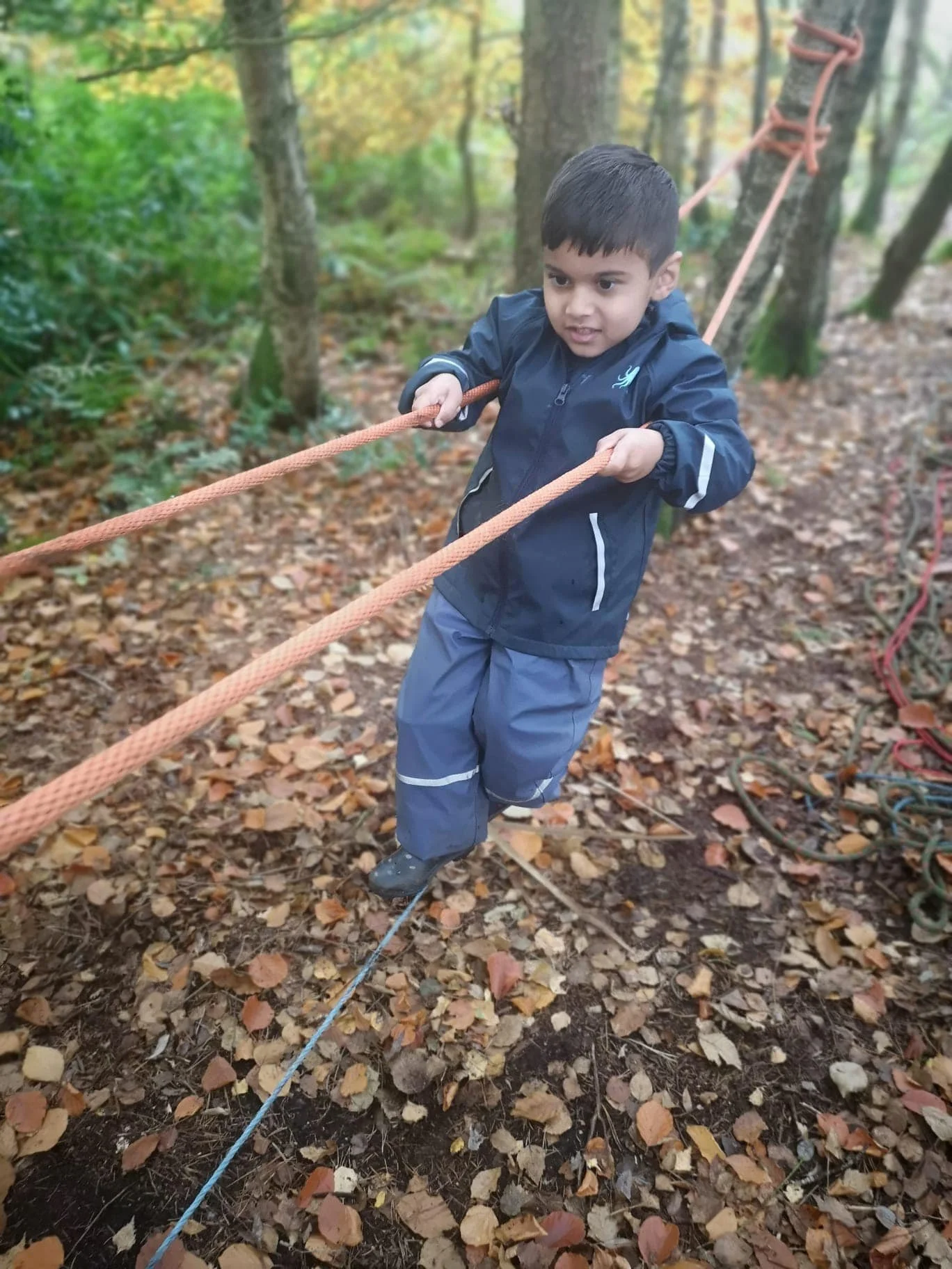 Young boy in blue jacket and pants crossing a rope bridge in a forest, with autumn leaves on the ground and trees around.