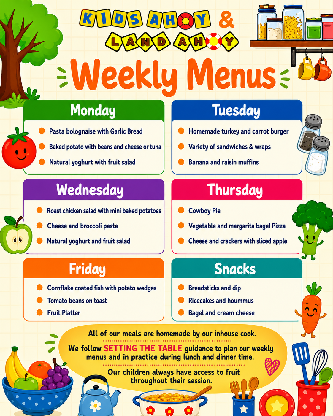 Children's weekly menu plan with colorful, cartoon-style graphics. It includes days of the week from Monday to Friday with specific meal items listed for each day, along with snacks. The design has playful characters representing fruits and vegetables, and kitchen items like jars, salt and pepper shakers, and utensils. A large tree, a bunch of fruit, and cheerful food characters decorate the background.